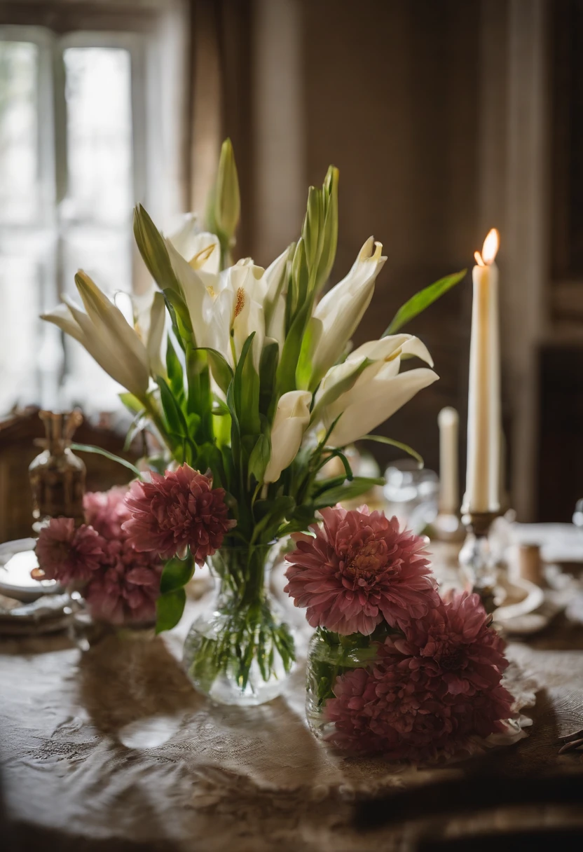 Close-up of a table,There is a vase of lily flowers on it, delightful surroundings, With French garden, Transparent,high key, ultra - detailed, Beautiful, insanely details, Intricate details, editorial photography, shot with a 50mm lens, depth of fields, Tilt Blur, Shutter speed 1/1000, f/22. Lightmaps, Super bright
