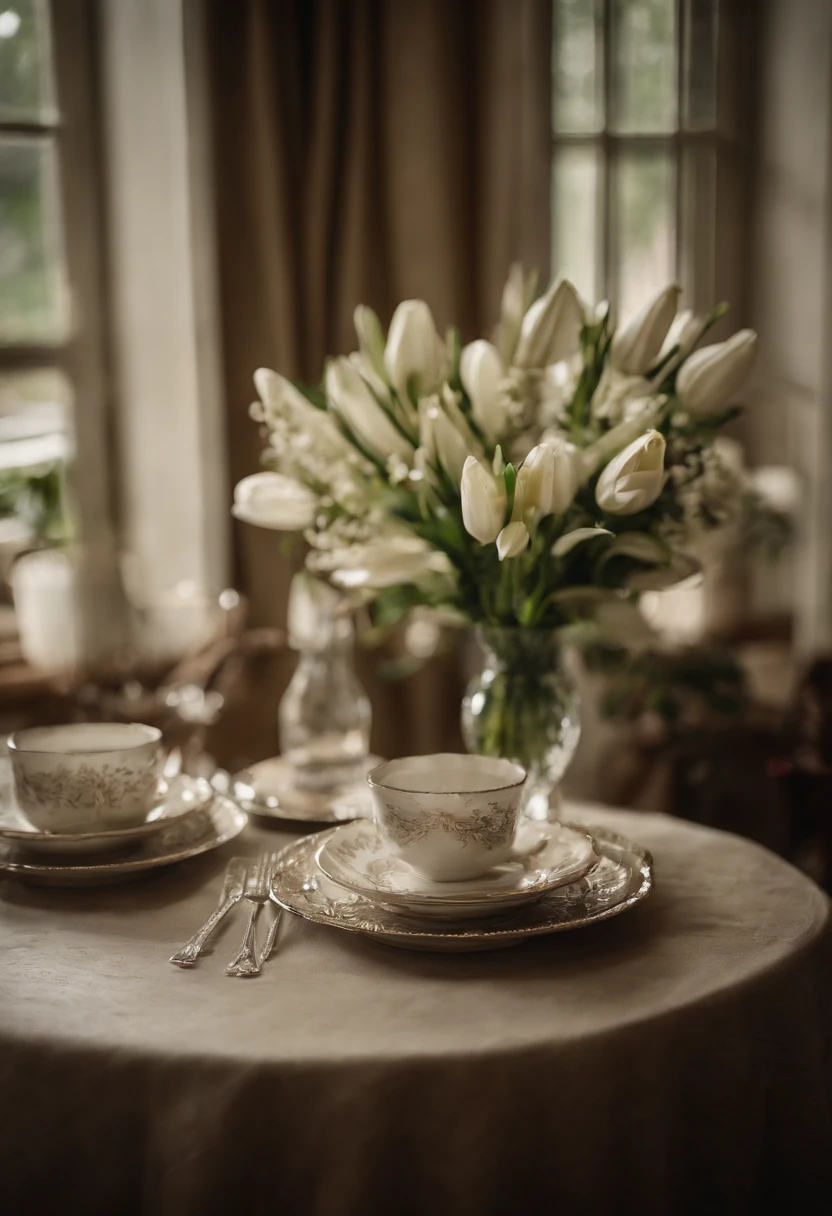 Close-up of a table,There is a vase of lily flowers on it, delightful surroundings, With French garden, Transparent,high key, ultra - detailed, Beautiful, insanely details, Intricate details, editorial photography, shot with a 50mm lens, depth of fields, Tilt Blur, Shutter speed 1/1000, f/22. Lightmaps, Super bright