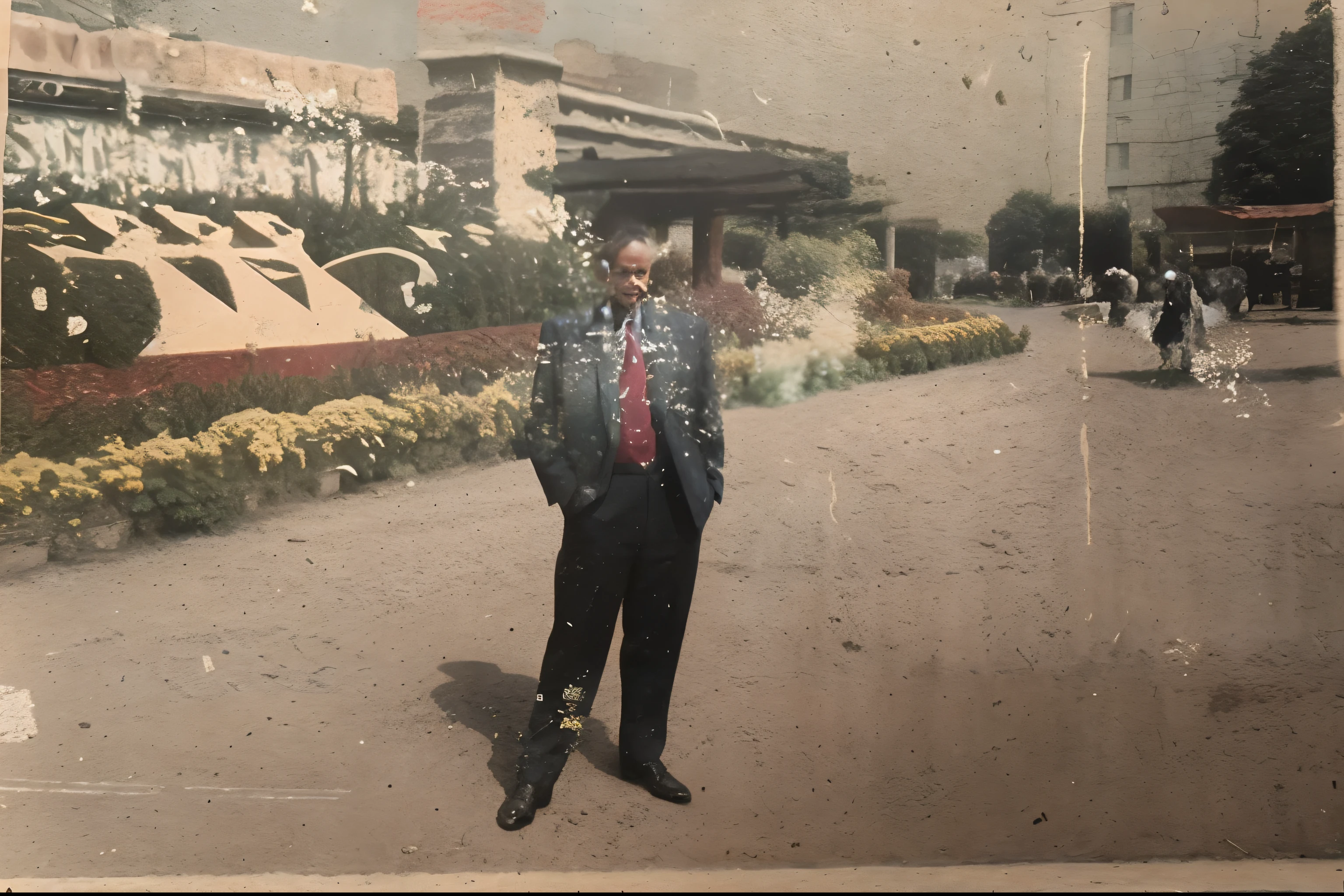 Photograph of a man in a suit and tie standing in front of the garden, grainy damaged photo, old color photo, coloured photo, old color photo, coloured photo, A photo of a handsome man, real photograph on the street, , coloured photo, vintage color photo, photograph taken in 2 0 2 0