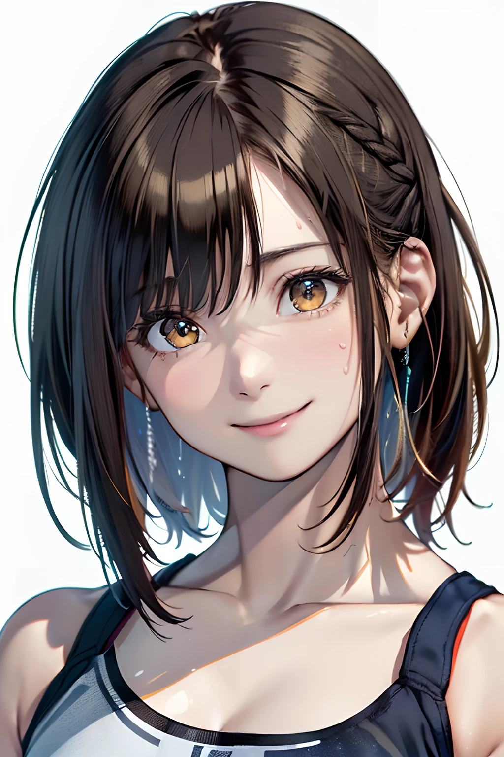 masterpiece, High resolution, High-definition CG Unity 8K,realistic,RAW photo, beautiful detailed face,detailed hair texture, beautiful face, beautiful belly,anatomically correct,(black eyes),symmetrical eyes,(small eyes:1.2),(single eyelid),cute eyes,droopy eyes, beautiful clavicle, (brown hair), (medium hair), （Low ponytail）,(asymmetrical bangs),naughty smile,(dynamic pose:1.2),(dynamic angle:1.2)、white background