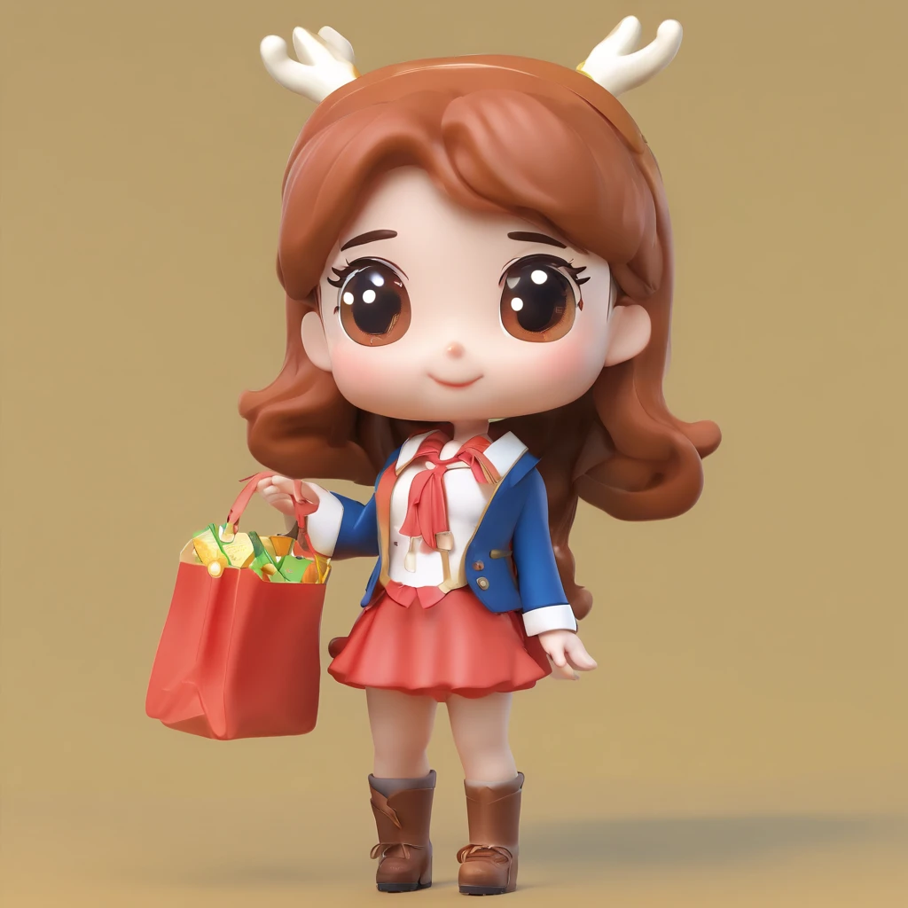 Q version of the super cute girl IP pop mart, Bright eyes,Carry a bag，Brown antlers， a blind box toy, Glossy and delicate,Clean background, Good gloss, 3D rendering of,Best quality，adolable，Q version