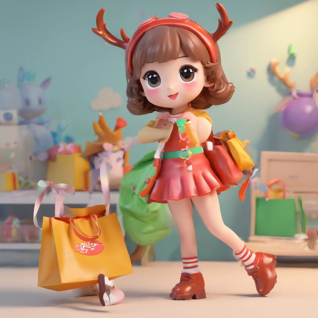 Q version of the super cute girl IP pop mart, Bright eyes,Carry a bag,Brown antlers, a blind box toy, Glossy and delicate,Clean background, Good gloss, 3D rendering of,Best quality,adolable,Q version
