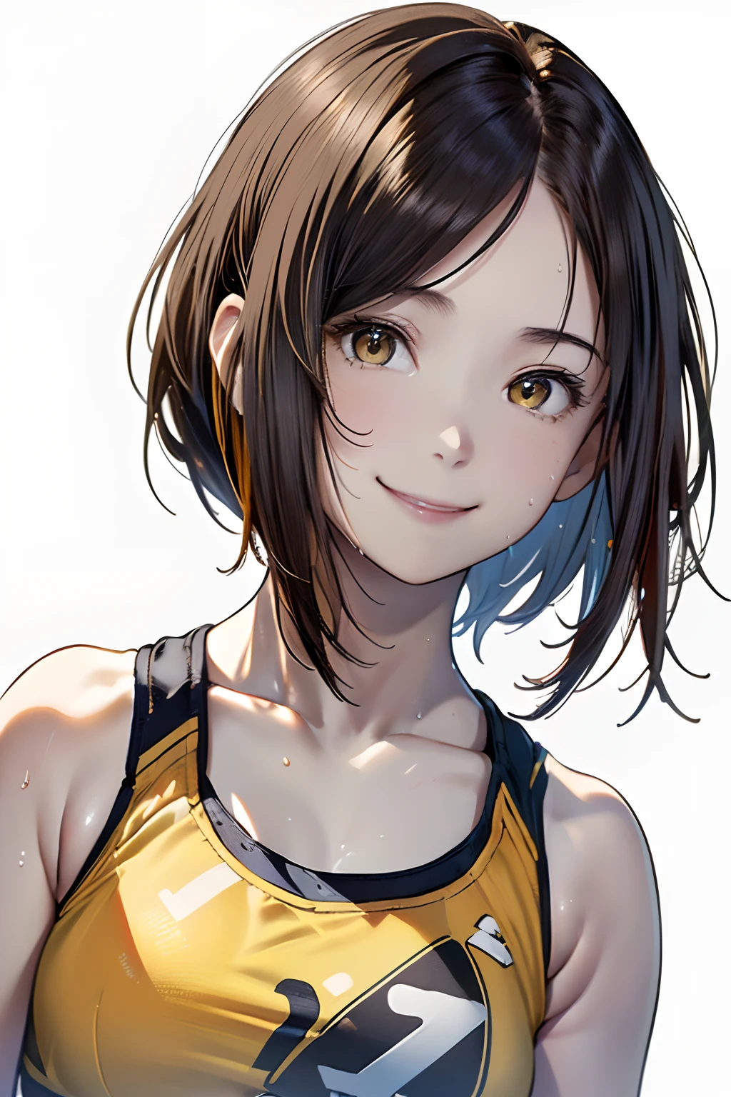 (((The subject is up to the top of the head)))、(Best Quality, 8K, Oil Painting, masutepiece:1.2), Ultra-detailed, (Realistic, Photorealistic:1.37), (((FULL BODYSHOT)))、Vibrant colors, (((My face is sweaty)))、(((Yellow Sports Bra)))、(((English Print Sports Bra)))、(((２０Women of a certain age)))、(((Yellow Sports Bra)))、(((The sports bra has letters printed on it)))、(((slightly smaller breasts)))、 (((Dark hair)))、(((Shoulder-length bob hair)))、((( White background))), (((delighted expression)))、(((a smile)))、(((Girly Hairstyles)))、(((bobhair)))、(((In front of a white wall)))、(((Nothing on the top of the head)))、