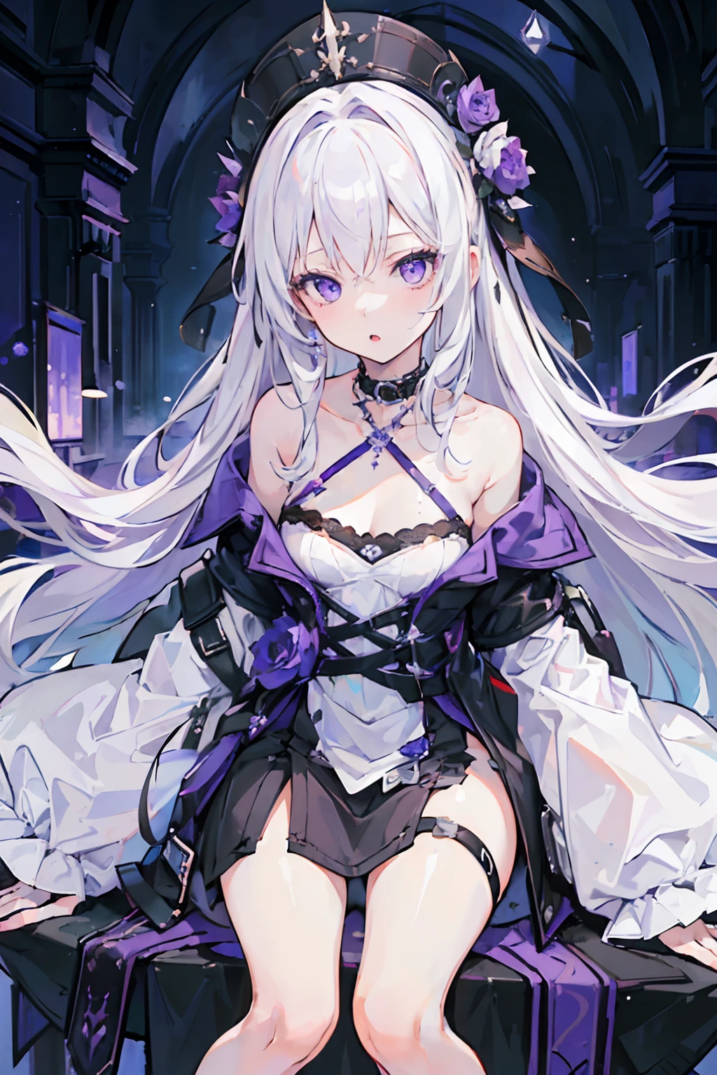 (((Best quality, masterpiece, 1girl))), white hair, long hair, open mouth, looking at viewer, purple eyes, indoors, young, hel-darkstar