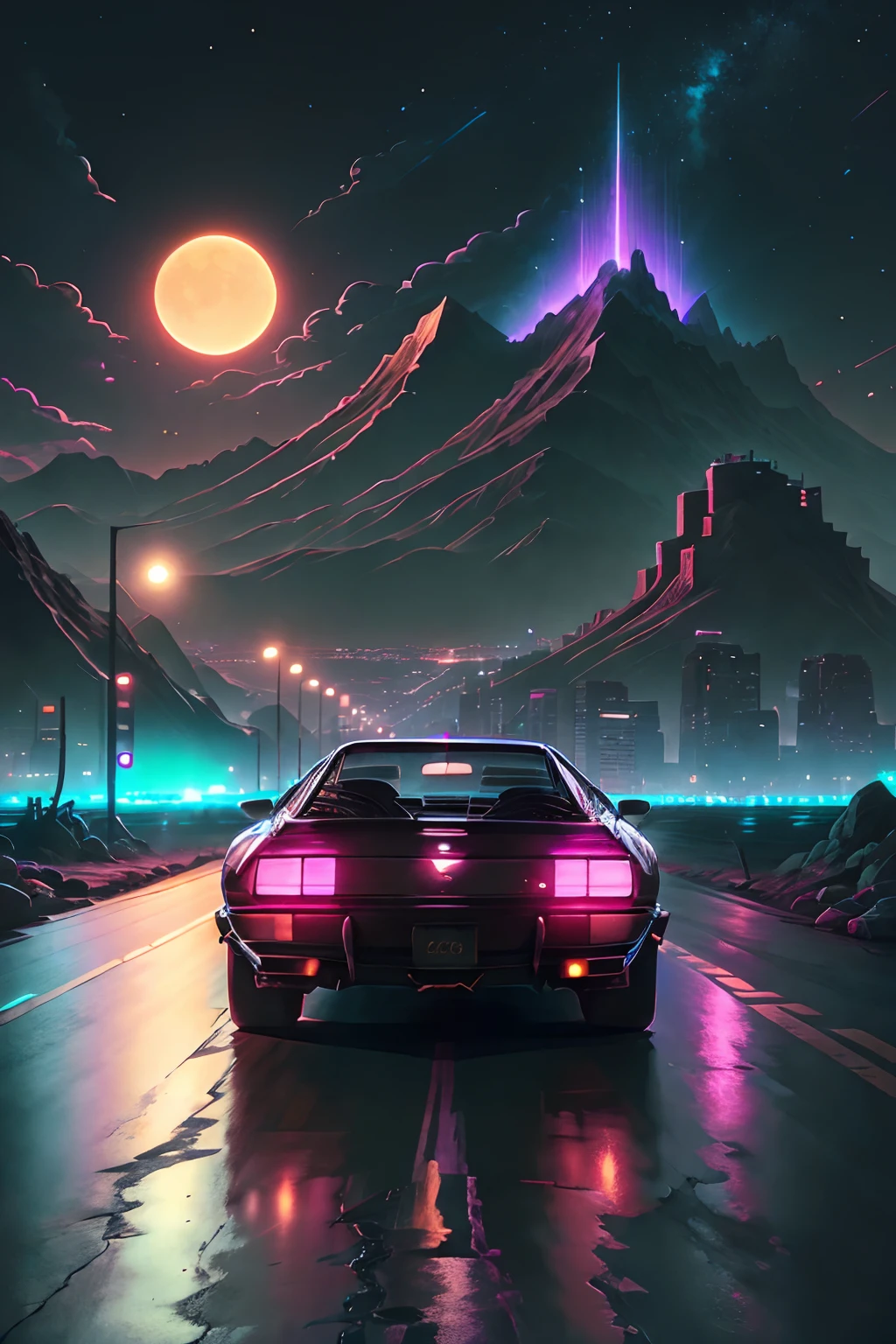 retrowave. city, 1969 Nissan S30, wide body kit, road,  purple neon lights, sun, mountain, 
(masterpiece,detailed,highres),