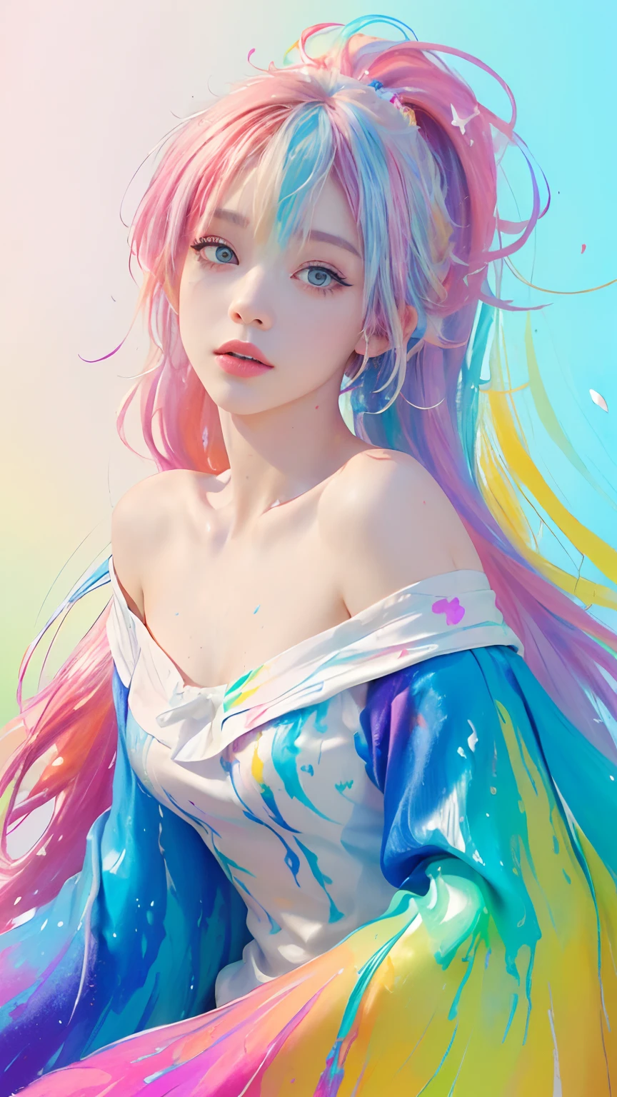 (Pink Fashion T-shirt:1.9),(Colorful hair: 1.8), (all the colours of the rainbow: 1.8),(((((vertical painting:1.6))), (painting:1.6),front, comics, illustrations, paintings, large eyes, crystal clear eyes,( rainbow color gradient high ponytail:1.7), exquisite makeup, closed mouth,(Small Fresh: 1.5),(Wipe Chest: 1.6) ,long eyelashes, white off shoulder T-shirt, White Shoulder Shirt,looking at the audience, large watery eyes, (rainbow colored hair:1.6), color splash, (solo:1.8), color splash, color explosion, thick paint style, messy lines, ((shining)),(colorful), (colorful), (colorful), colorful, Thick Paint Style, (Splash) (Color Splash), Vertical Painting, Upper Body, Paint Splash, Acrylic Pigment, Gradient, Paint, Highest Image Quality, Highest Quality, Masterpiece, Solo, Depth of Field, Face Paint, colorful clothes, (Elegant: 1.2), gorgeous,long hair, wind, (Elegant: 1.3), (Petals: 1.4),(((masterpiece))),(((best quality))),((ultra-detailed)),(illustration),(dynamic angle),((floating)),(paint),((disheveled hair)),(solo),(1girl) , (((detailed anima face))),((beautiful detailed face)),collar,bare shoulders,white hair, ((colorful hair)),((streaked hair)),beautiful detailed eyes,(Gradient color eyes),(((colorful eyes))),(((colorful background))),(((high saturation))),(((surrounded by colorful splashes))),