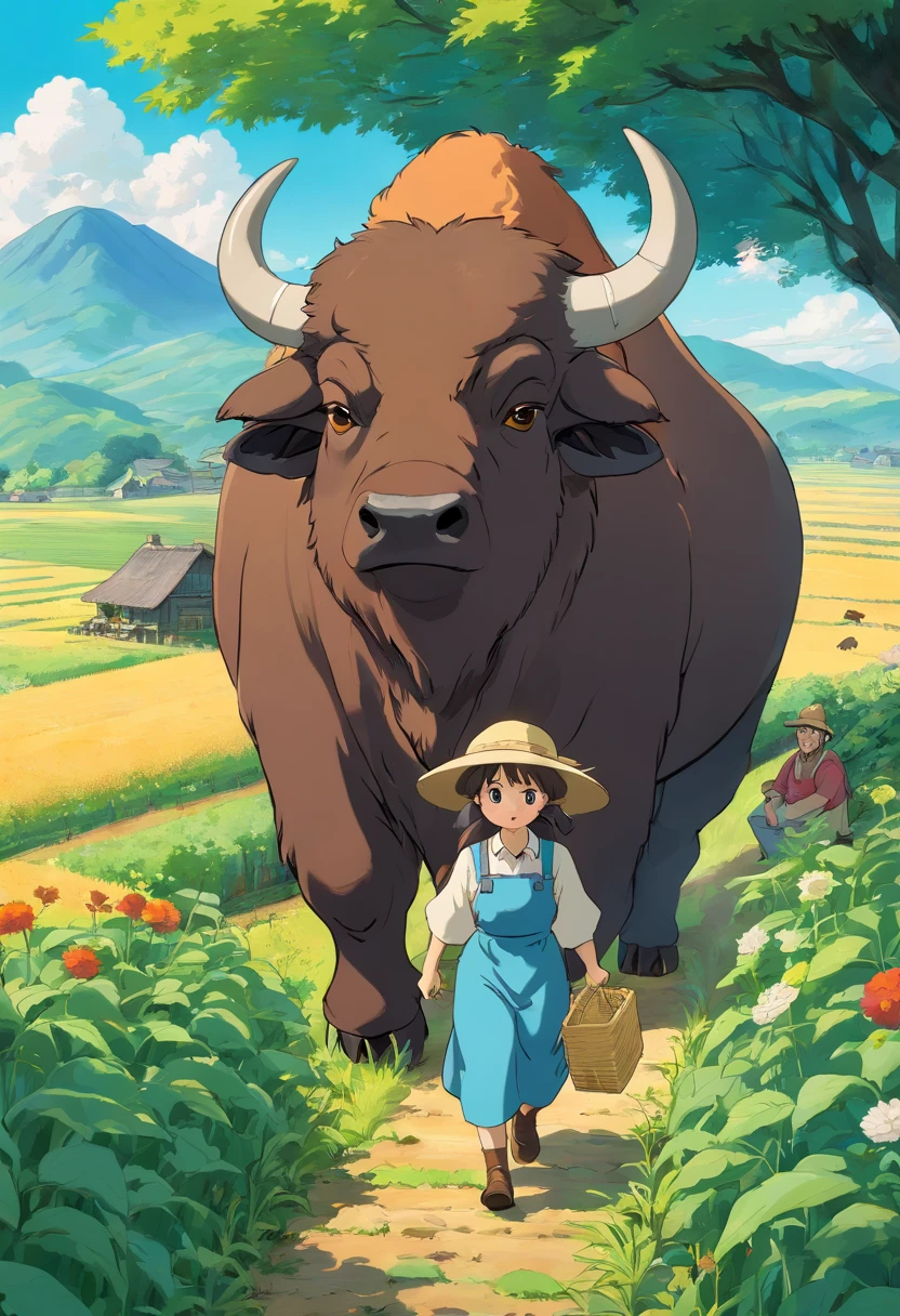 The lovely buffalo and the kind farmer uncle are busy farming in the fields together