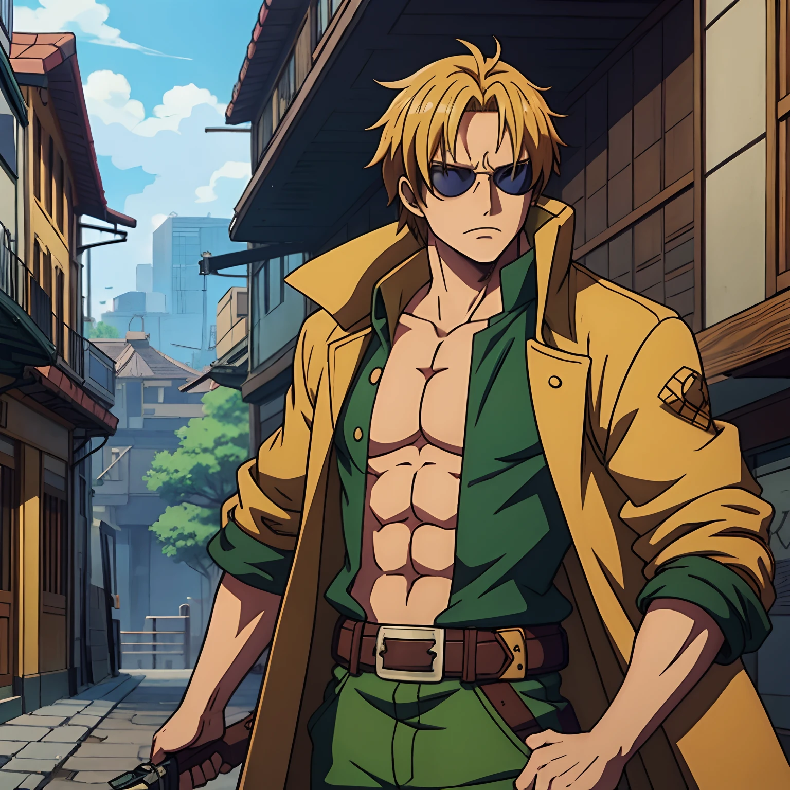 anime character with medium blonde hair, a long brown coat, goggles, a satchel, and flintlock in a city, snk, badass anime 8 k, male anime character, one piece anime style, makoto shinkai ( apex legends ), from one piece, anime concept hdr anime macmanus, (one piece anime), joseph joestar, official character art, makoto shinka, official art
