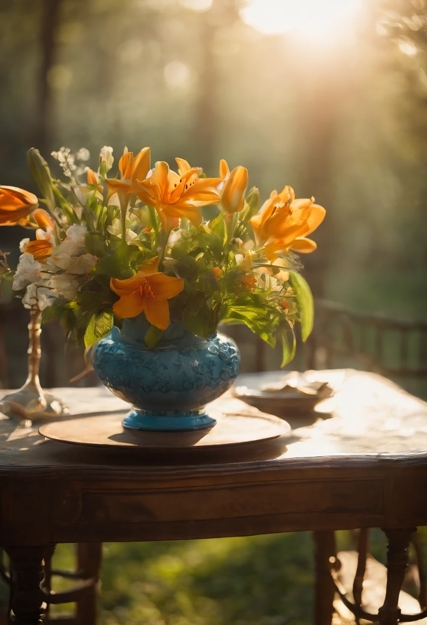 Close-up of a table，There is a vase of lily flowers on it, delightful surroundings, high key, ultra - detailed, Beautiful, summer morning light, insanely details, Intricate details, editorial photography, shot with a 50mm lens, depth of fields, Tilt Blur, Shutter speed 1/1000, f/22. Lightmaps, Super bright