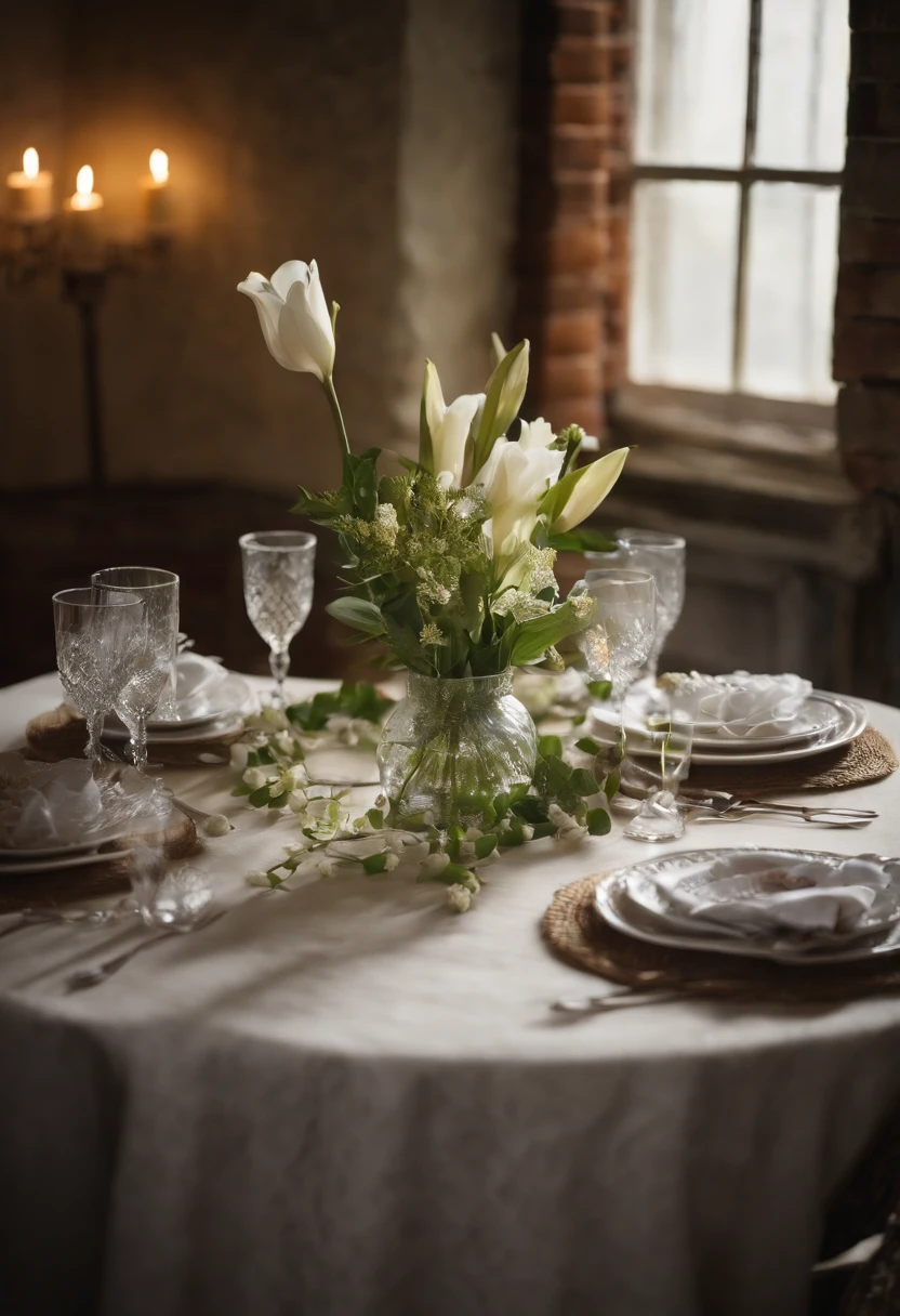 Close-up of a table，There is a vase of lily flowers on it, delightful surroundings, high key, ultra - detailed, Beautiful, summer morning light, insanely details, Intricate details, editorial photography, shot with a 50mm lens, depth of fields, Tilt Blur, Shutter speed 1/1000, f/22. Lightmaps, Super bright