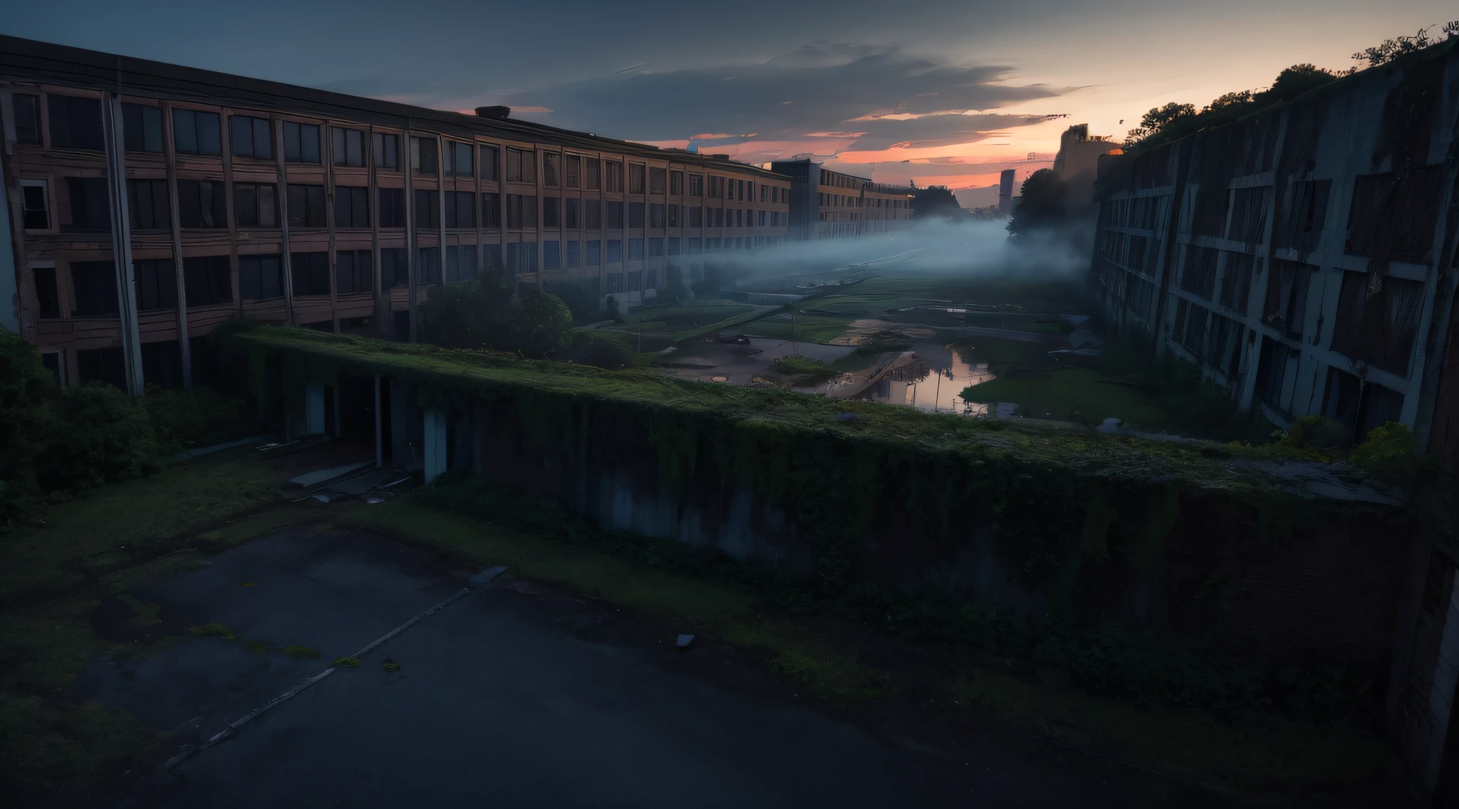 High Quality, Best Picture Quality, Best Quality, High Quality, 8K, 16K, 32K, (Outside an Abandoned Hospital), Night, Dimm, Fear, crumbling brick wall, old hospital, weeds, vines, broken glass windows , broken glass, fog, trees, ((high angle)), Full shot, Ruined ruins all around, perspective, (((Hospital focus))), from above, (((Ultra HD Wallpaper))), (((outdoor)))