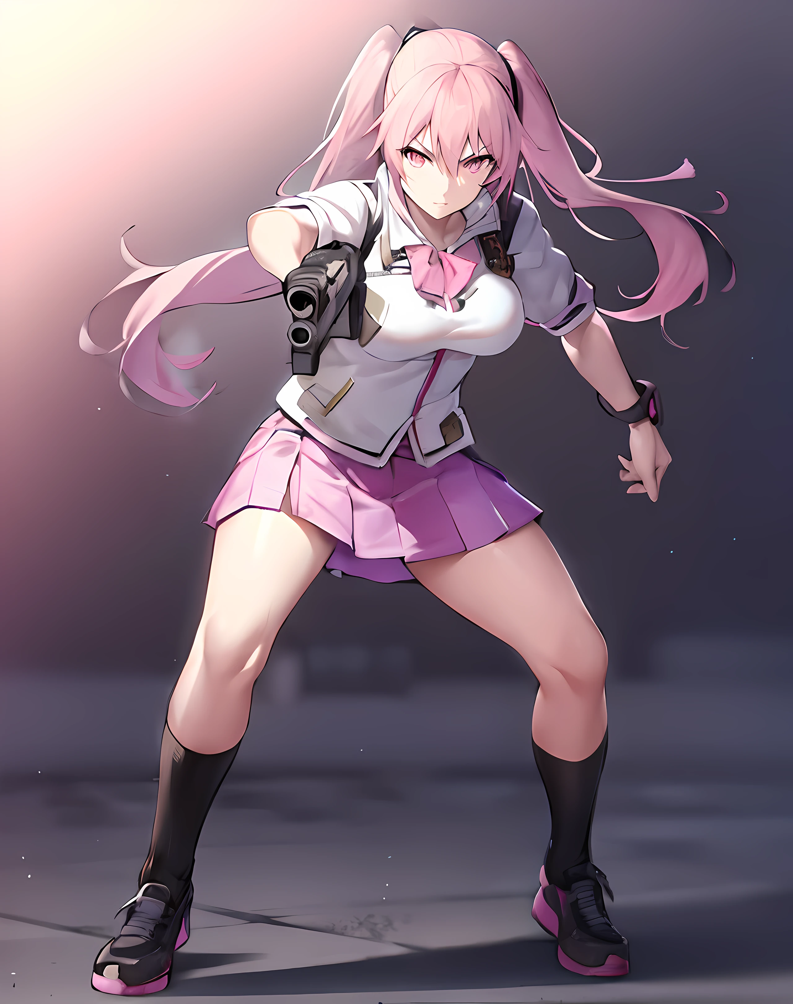 Anime girl with gun in hand, holding a pistol, Pink hair, Double ponytail, Combat stance，girls frontline style, Fine details, Female action anime girl, Tall, Best anime 4K wallpapers