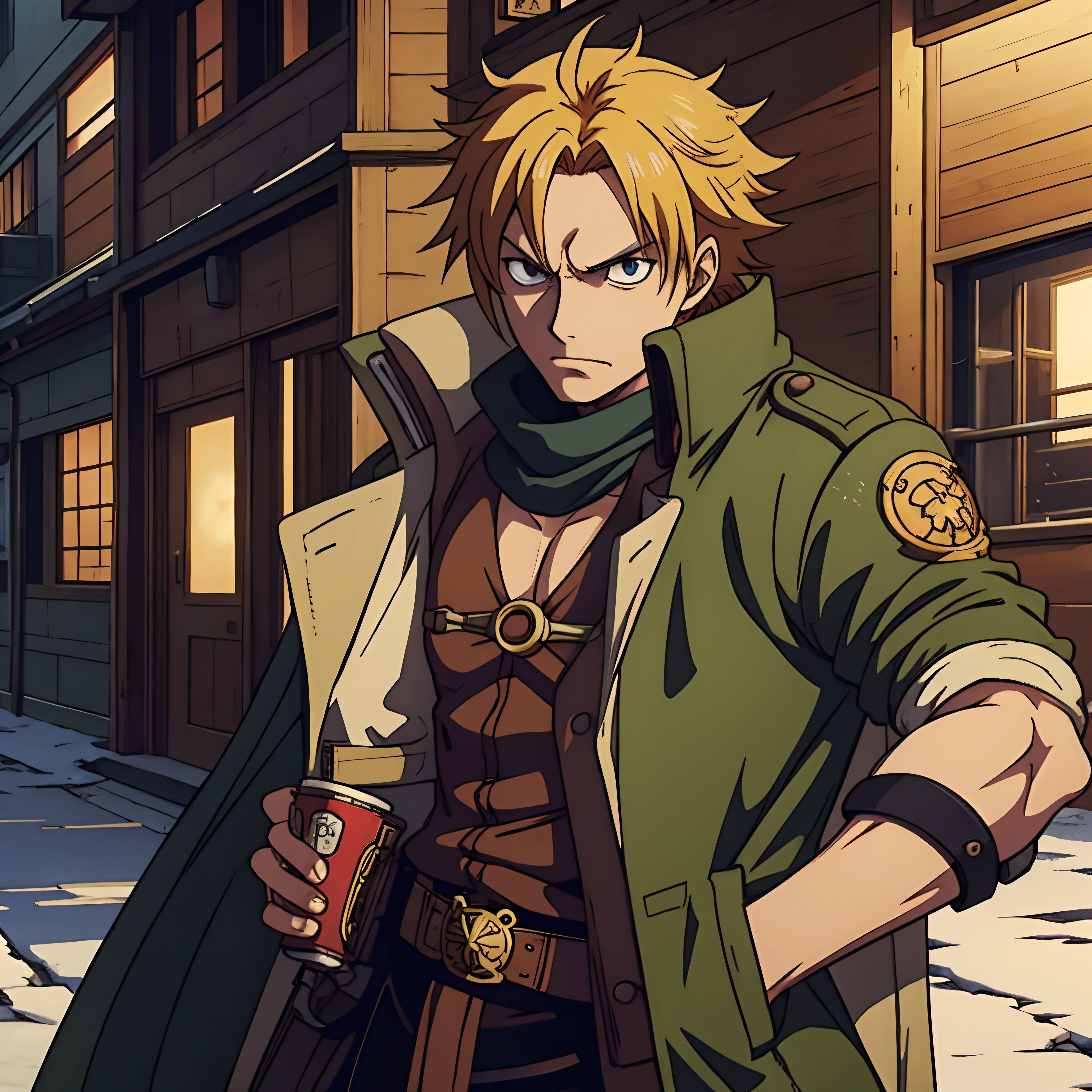 anime character with medium blonde hair, a long brown coat, goggles, a satchel, and flintlock in a city, snk, badass anime 8 k, male anime character, one piece anime style, makoto shinkai ( apex legends ), from one piece, anime concept hdr anime macmanus, (one piece anime), dio brando, official character art, makoto shinka, official art