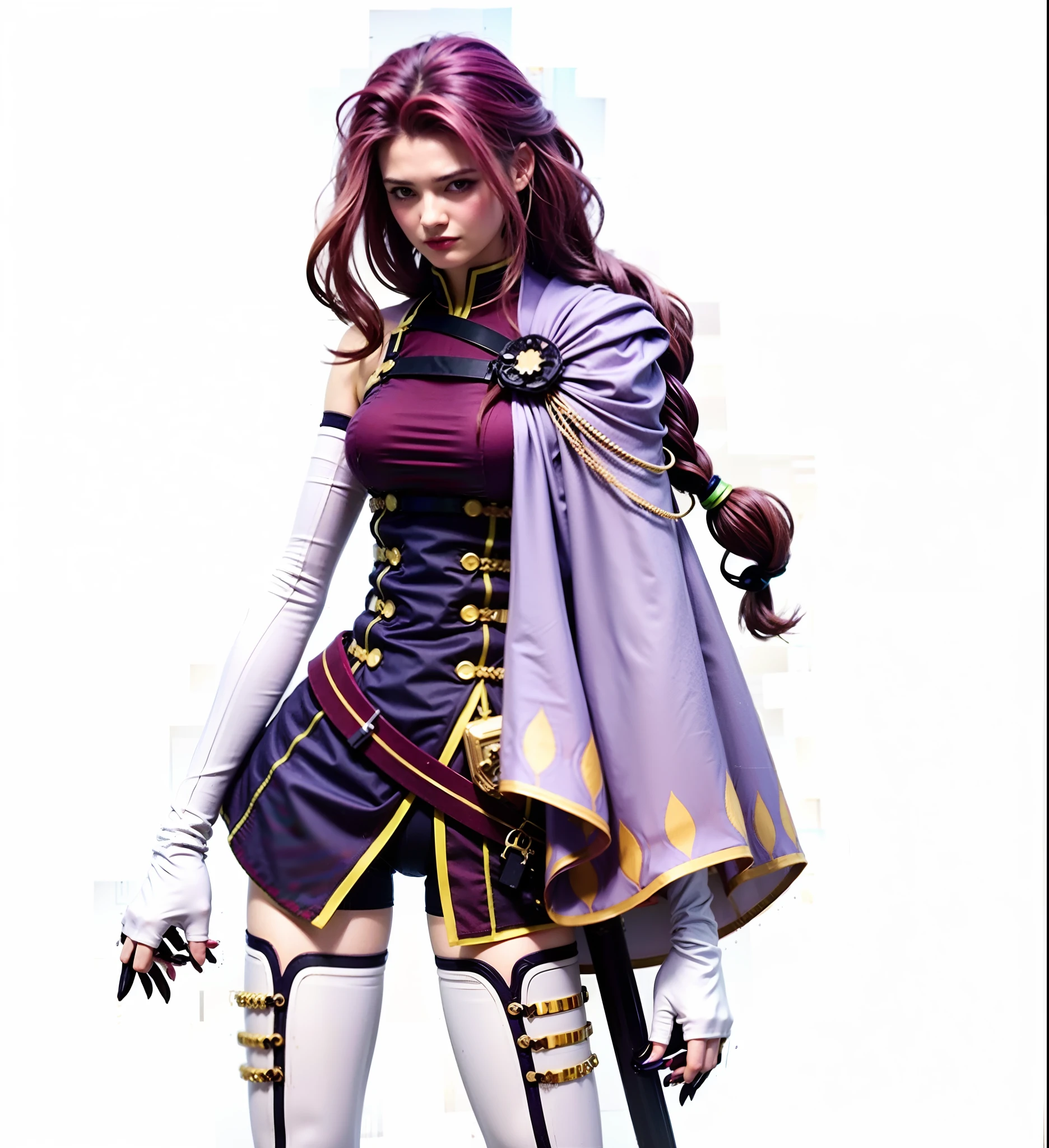 one beautiful woman, ancle boots, highheel stilettos, purple military uniform, full body view, extrem long hair, cleavage, red hair, extrem short skirt,