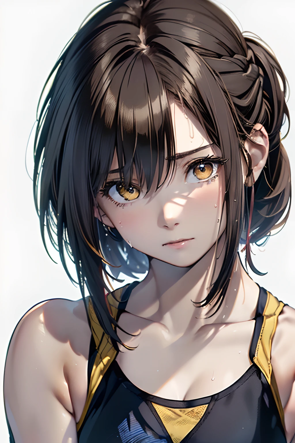 (((The subject is up to the top of the head)))、(Best Quality, 8K, Oil Painting, masutepiece:1.2), Ultra-detailed, (Realistic, Photorealistic:1.37), (((FULL BODYSHOT)))、Vibrant colors, (((My face is sweaty)))、(((Yellow Sports Bra)))、(((English Print Sports Bra)))、(((20Women of a certain age)))、(((Yellow Sports Bra)))、(((The sports bra has letters printed on it)))、(((slightly smaller breasts)))、 (((Dark hair)))、(((Shoulder-length bob hair)))、((( White background))), (((tired expression)))、(((Heavy breathing)))、(((Girly Hairstyles)))、(((bobhair)))、(((In front of a white wall)))、(((Nothing on the top of the head)))、