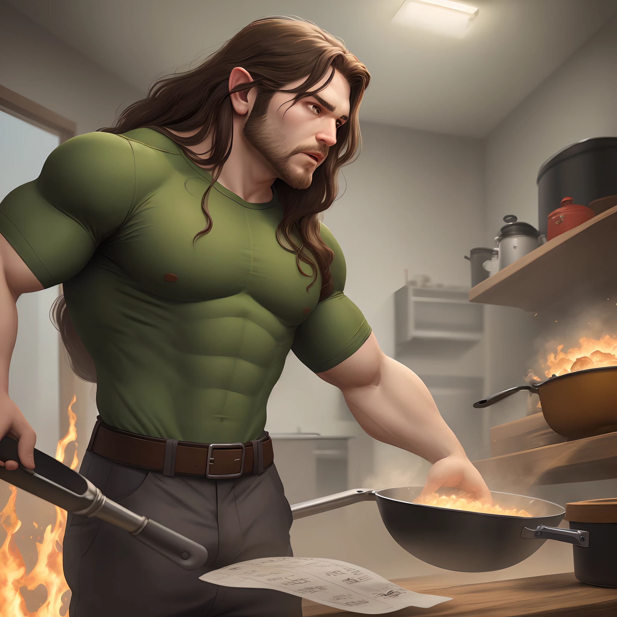 Dwarf with long brown hair and stern green eyes. Measuring 1.30 meters tall with a large chest. Dressed in pants and combat gear and fighting with a frying pan.