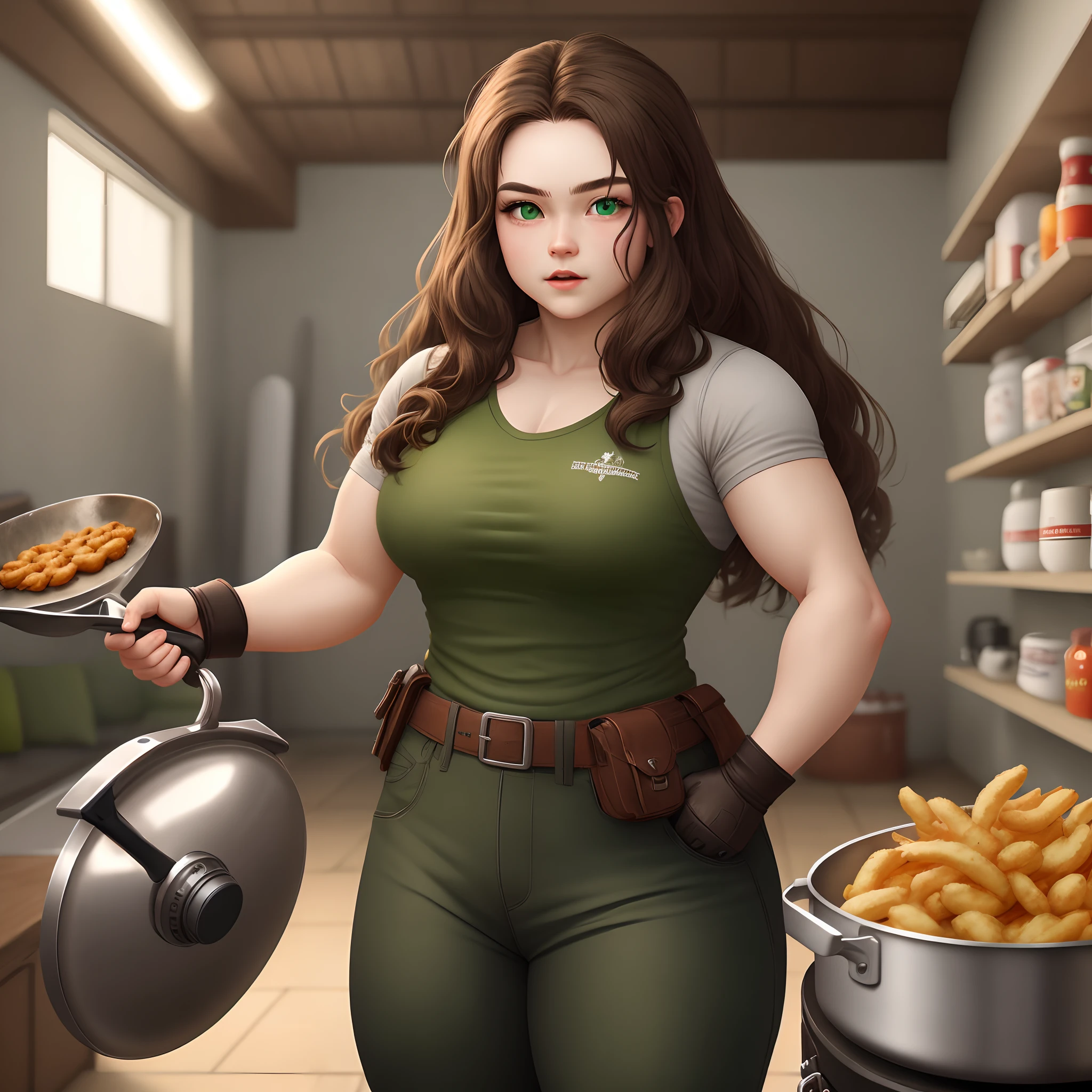 Dwarf with long brown hair and stern green eyes. Measuring 1.30 meters tall with a large chest. Dressed in pants and combat gear and fighting with a frying pan.