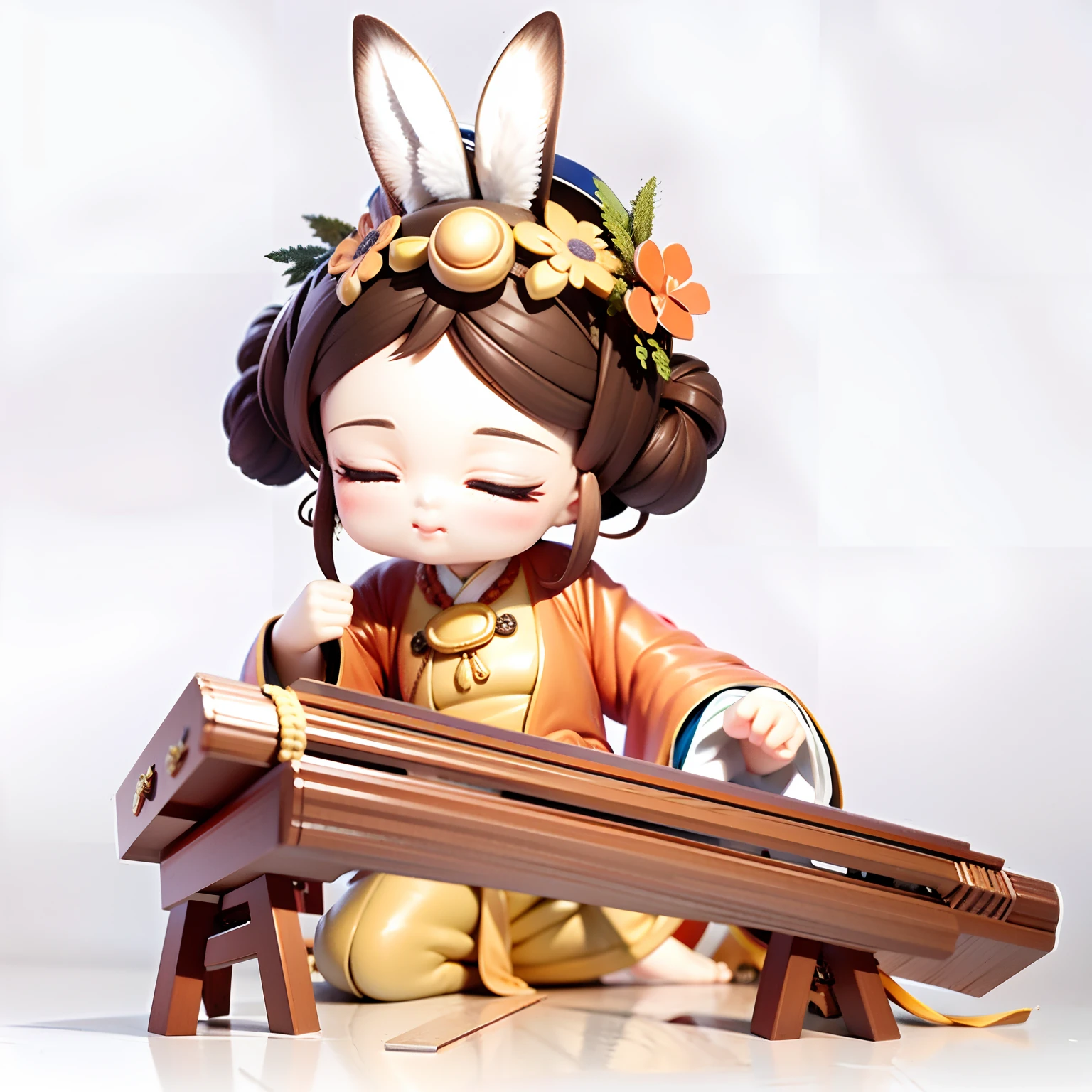 (best qualtiy:1.2),tmasterpiece,super-fine,illustratio,bit girl,brown hair,eye closeds,nase,The eye,Blushlush,Hanfu,sitting cross-legged,Play the guzheng,(Put your hand on the ancient bamboo:1.2)(Guzheng on the shelves:1.2)、(Finger integrity:1.4)Orange on the head,petty face,Camera orientation,Orange background,3D,ssmile