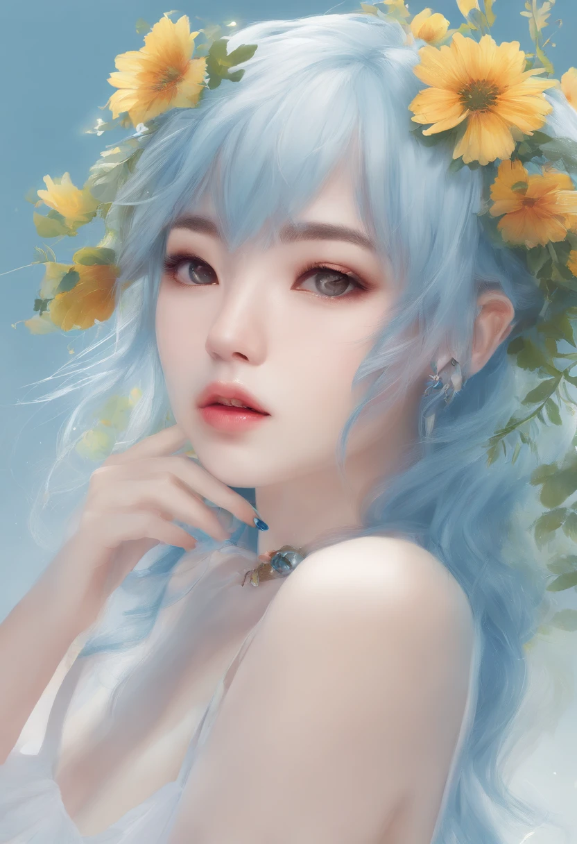 (masterpiece), (best quality), (ultra detailed),(disheveled hair),(illustration), (1girl), (Fashionable clothing), standing, Fashion model, looking at viewer, (interview), (simple background),beautiful detailed eyes, delicate beautiful face, Floating,(high saturation),(colorful splashes),colorful bubble,(shining), focus on face, ponytail, kamisato ayaka, light blue hair, bangs, hair ring, floating flowers, floating hairs, (shining), best lighting, best shadow,