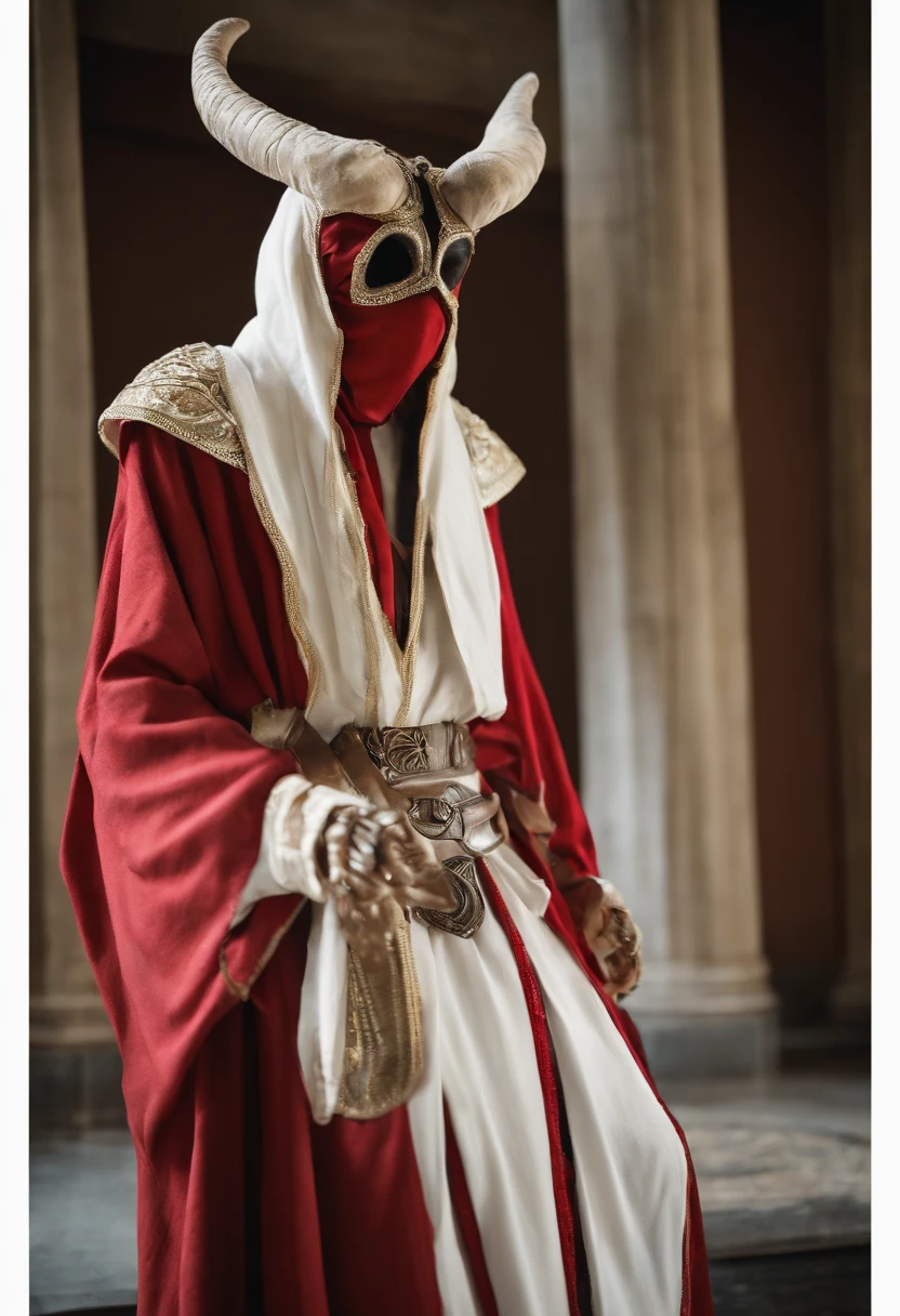 araffe dressed in a robe and red shoes standing in a room, cosplay, full costume, raziel irl, realistic cloth puppet, by Bernardo Daddi, mummified in bandages, full body with costume, front side view full sheet, giant robot foot, costume, contrapposto, realistic cosplay, professional cosplay, full-cosplay, fullbody painting