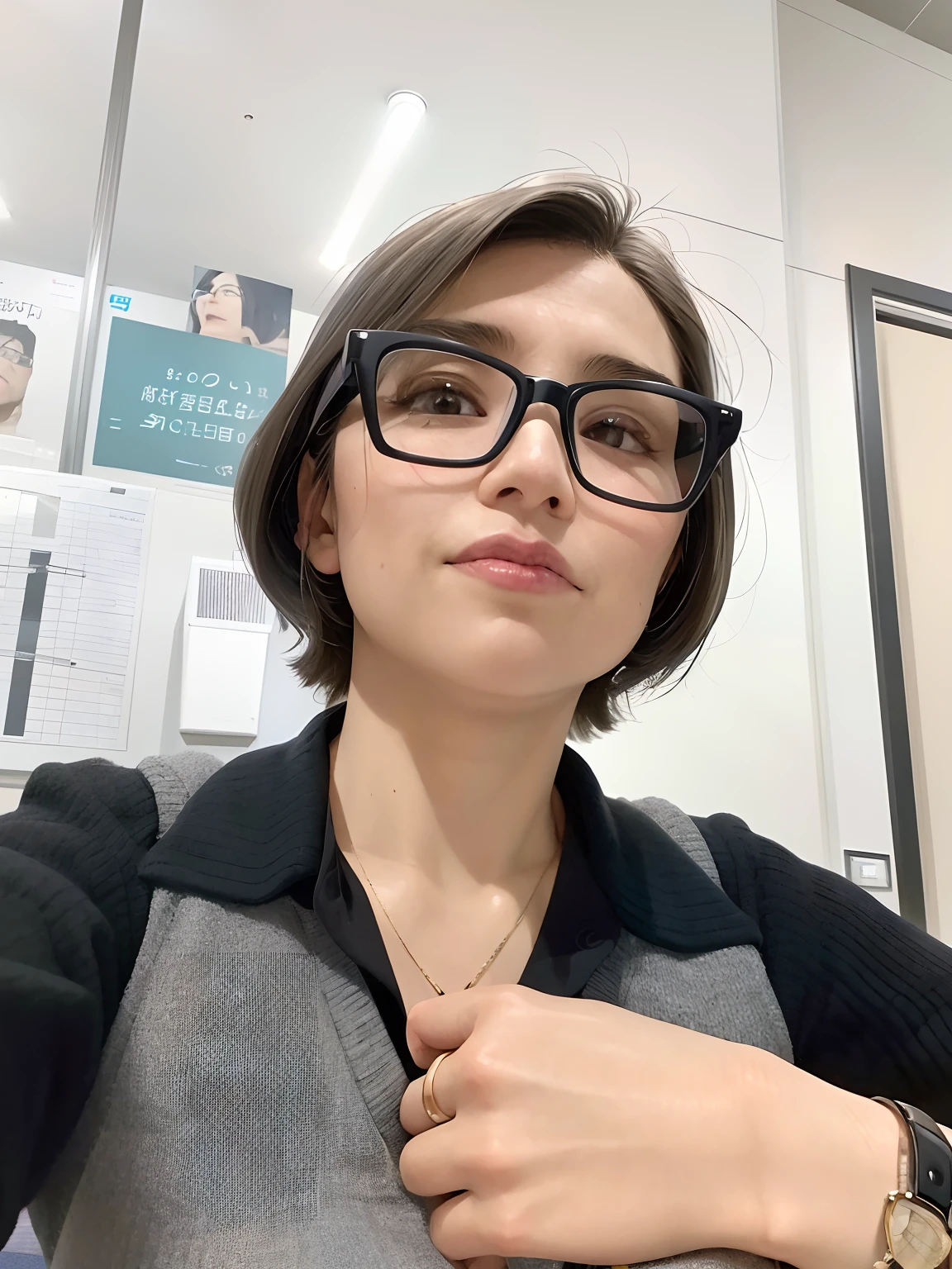 woman wearing glasses and a gray vest with a black shirt, with glasses, deayami kojima, wearing square glasses, wearing black frame glasses, 8k selfie photograph, with square glasses, big glasses, 奈良美智, 30-year-old french woman, ayamin kojima, with short hair, with glasses on