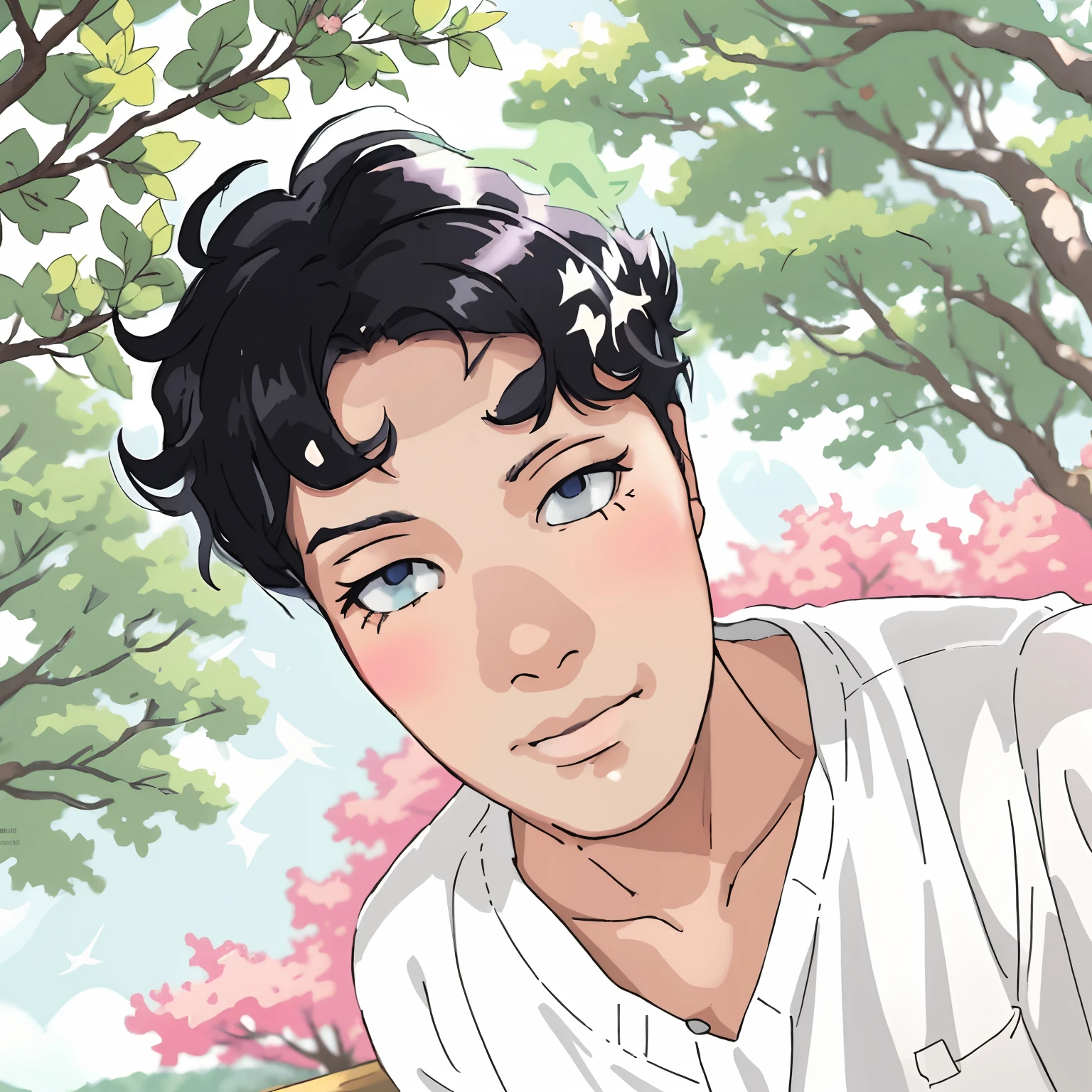 (anime style:1.2),man,black curly hair,youthful appearance,intense gaze,stylish outfit,subtle smile,vibrant colors,sunlight filtering through trees,soft lighting,meticulous details,expressive eyes,detailed shading,anime-style hair,cool and confident pose,artistic background,tastefully blurred foreground