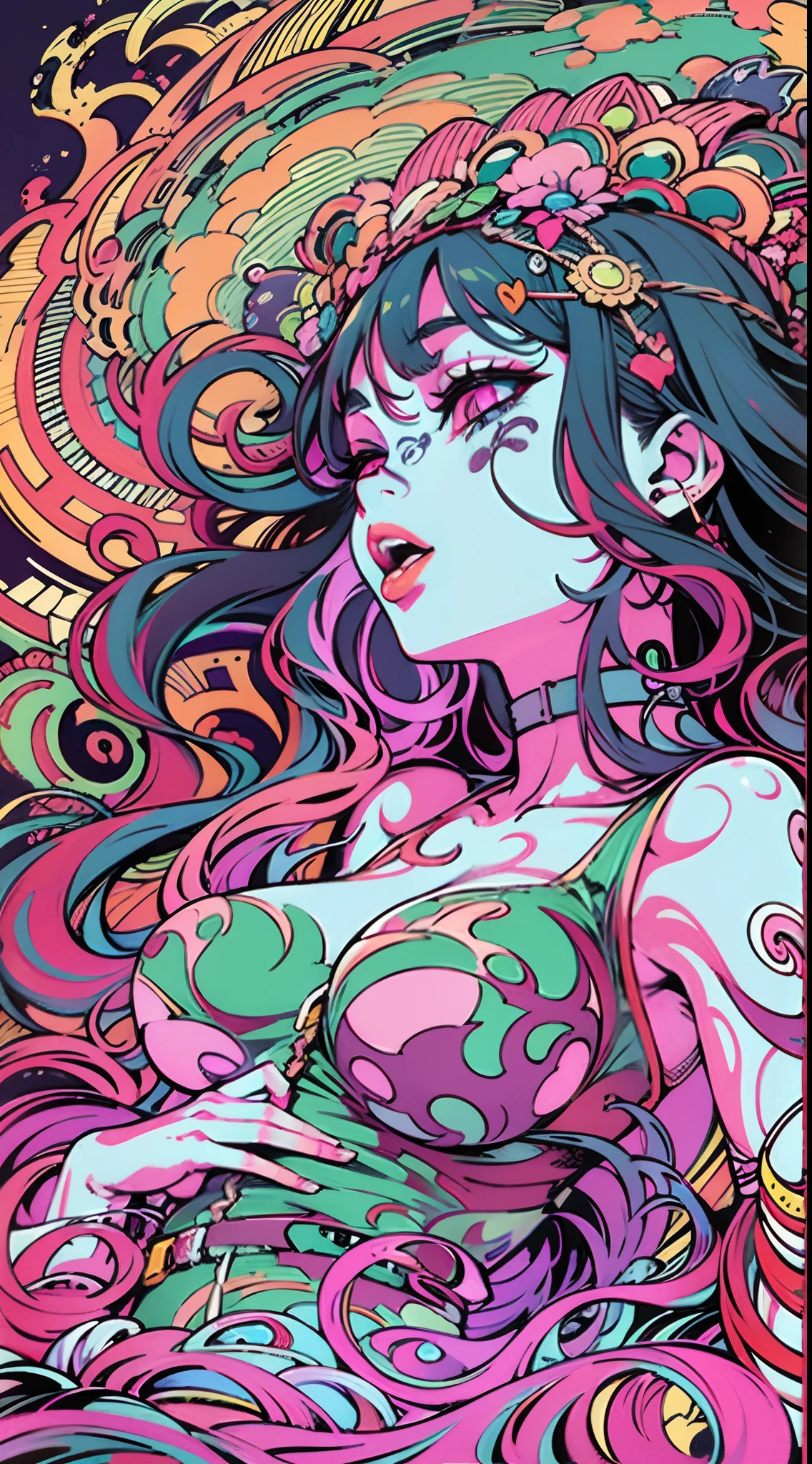 Seductive psychedelic horror, Trippy Hentai, body horror, having sex, real breasts, surreal Sex, LSD trip, sensual, psychedelic oral sex, provocative, colorful, glowing