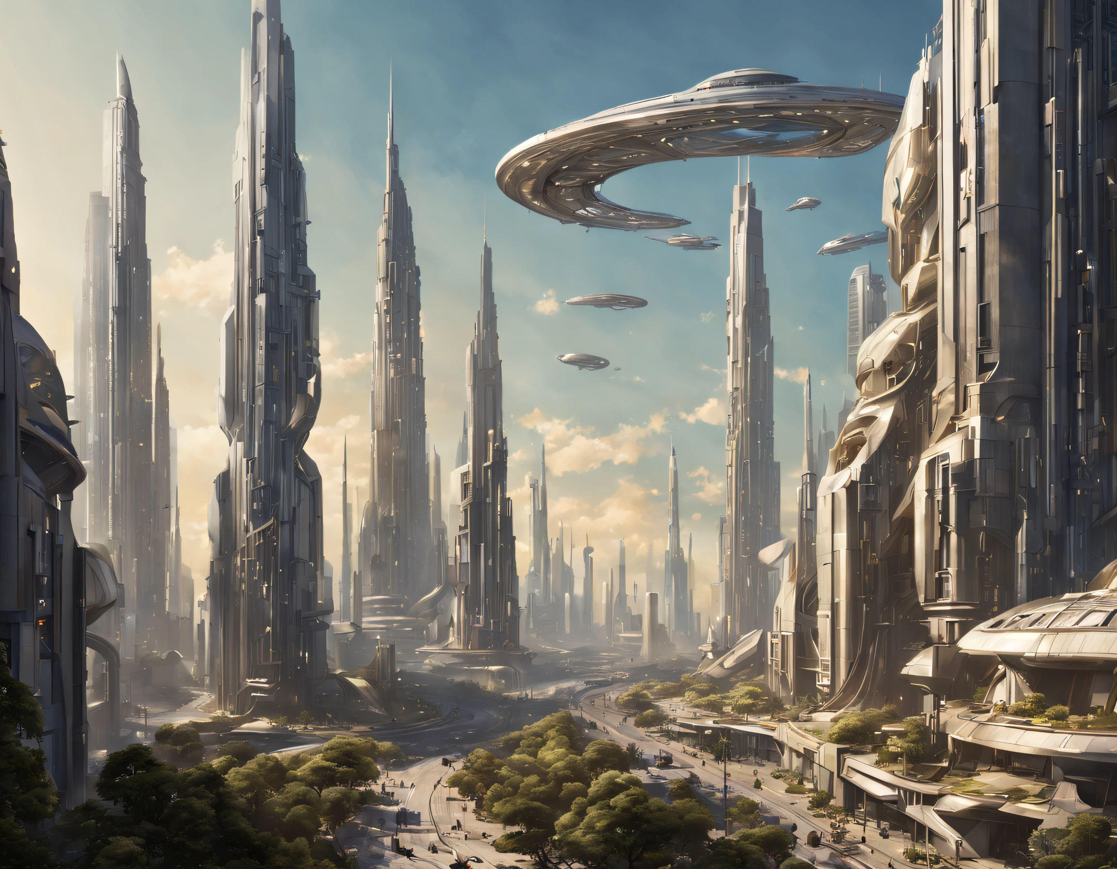 On an unknown planet lies a futuristic fantasy city with immense buildings of technological design (que forman una avenida infinita), con estructuras acristaladas en plata, oro y bronce espectaculares, (con colores vivos). pavimento ensolado (sin brillo). gente paseando. (similar a coruscant de star wars). imagen bien definida con muchos edificios juntos. imagen nitida bien definida 8k. los edificios llegan alta el fondo.,8k.