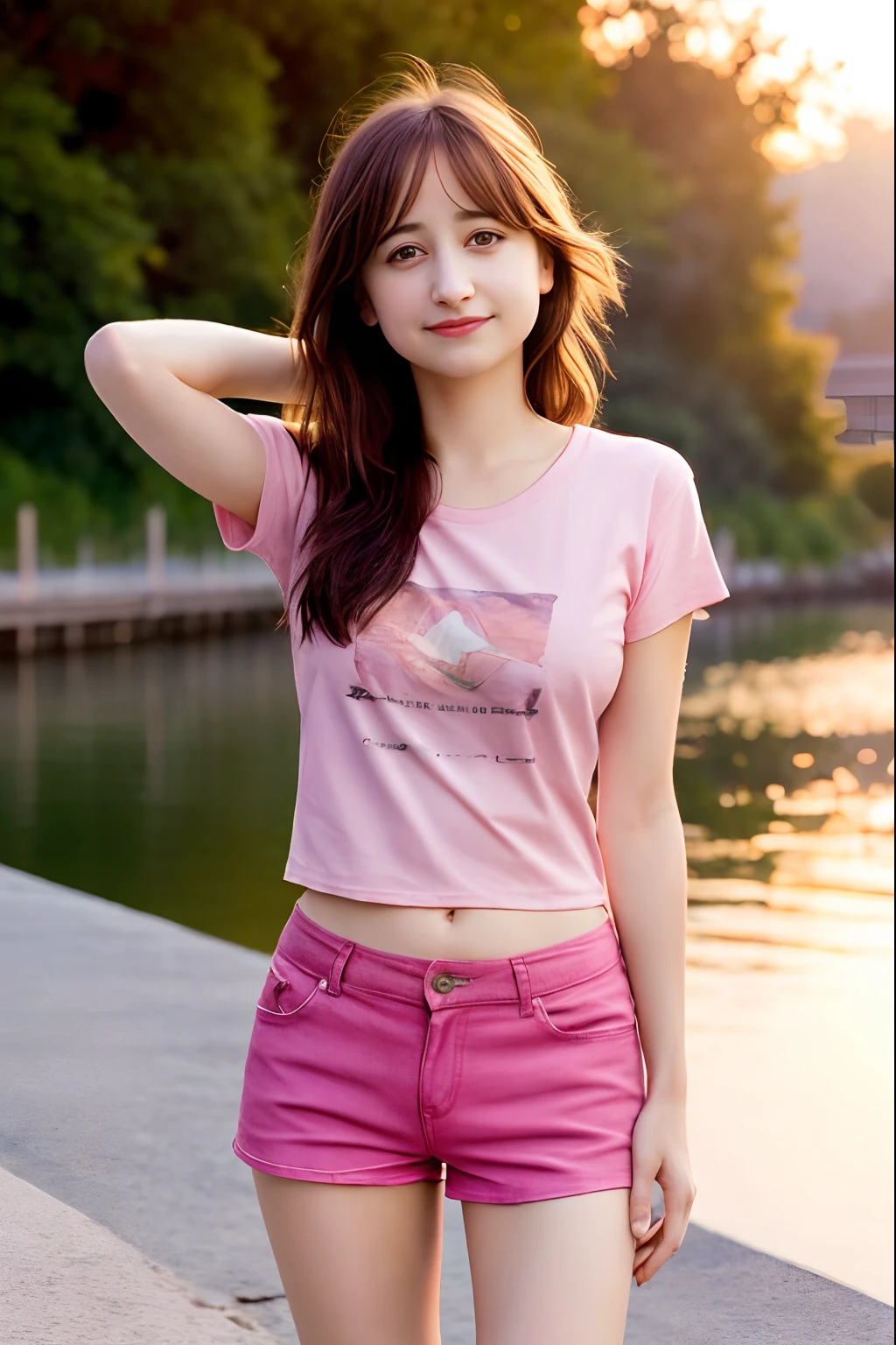 Best quality  long hair , Caucasian Allison Mack  , women , dark hair   , happy ,  , soft skin, , expressive eyes , , , at   river sunset  ,,  , t-shirt,  and pink  shorts