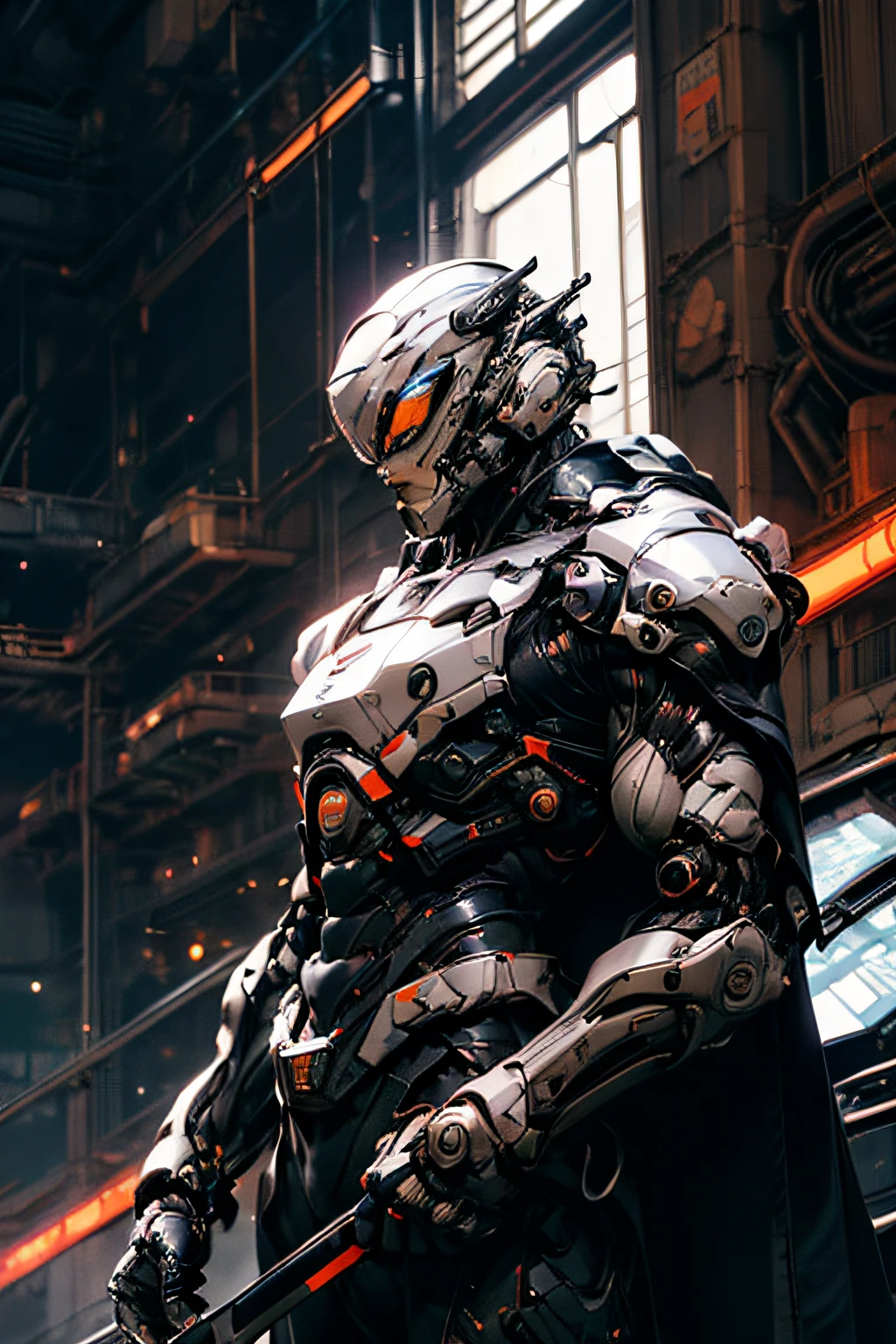 cgmech, beautiful eyes, upper body, underboob, portrait, robot,white orange armor, shimmering black hair, neon light, 8K, RAW, best quality, masterpiece, ultra high res, colorful, (medium wide shot), (dynamic perspective), sharp focus , (depth of field, bokeh:1.3), extremely detailed eyes and face, beautiful detailed eyes,large breasts,(black gold, trimmed gear:1.2),(In a futuristic weapons factory:1.2), ((masterpiece, best quality)), Detailed background, spaceship interior