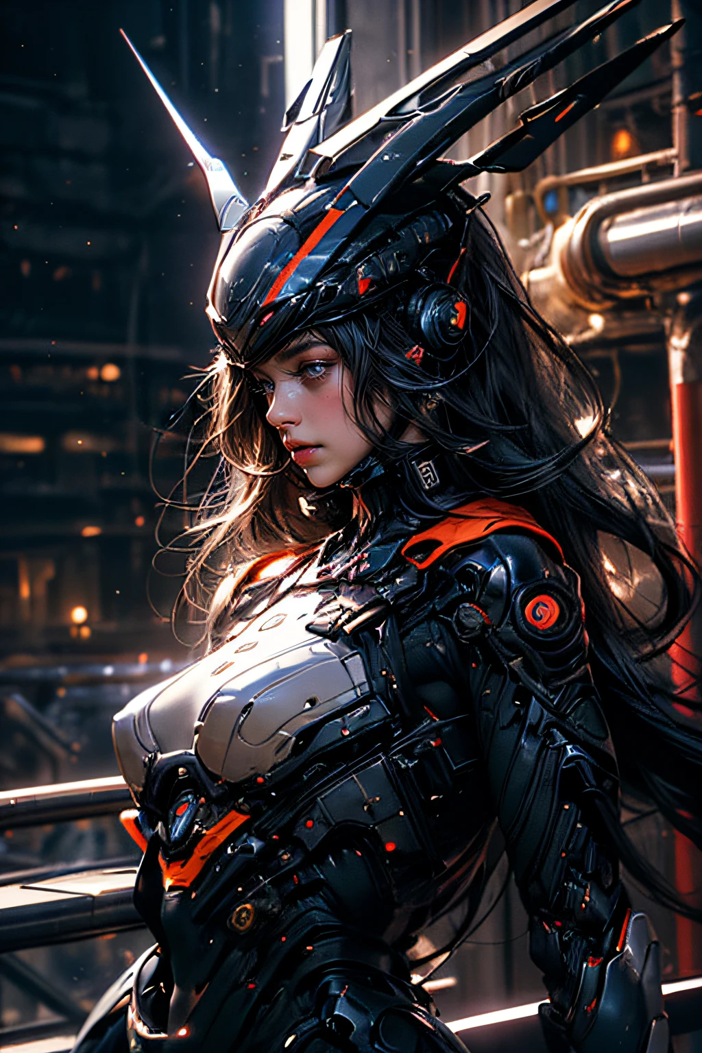 cgmech, beautiful eyes, upper body, underboob, portrait, robot,white orange armor, shimmering black hair, neon light, 8K, RAW, best quality, masterpiece, ultra high res, colorful, (medium wide shot), (dynamic perspective), sharp focus , (depth of field, bokeh:1.3), extremely detailed eyes and face, beautiful detailed eyes,large breasts,(black gold, trimmed gear:1.2),(In a futuristic weapons factory:1.2), ((masterpiece, best quality)), Detailed background, spaceship interior