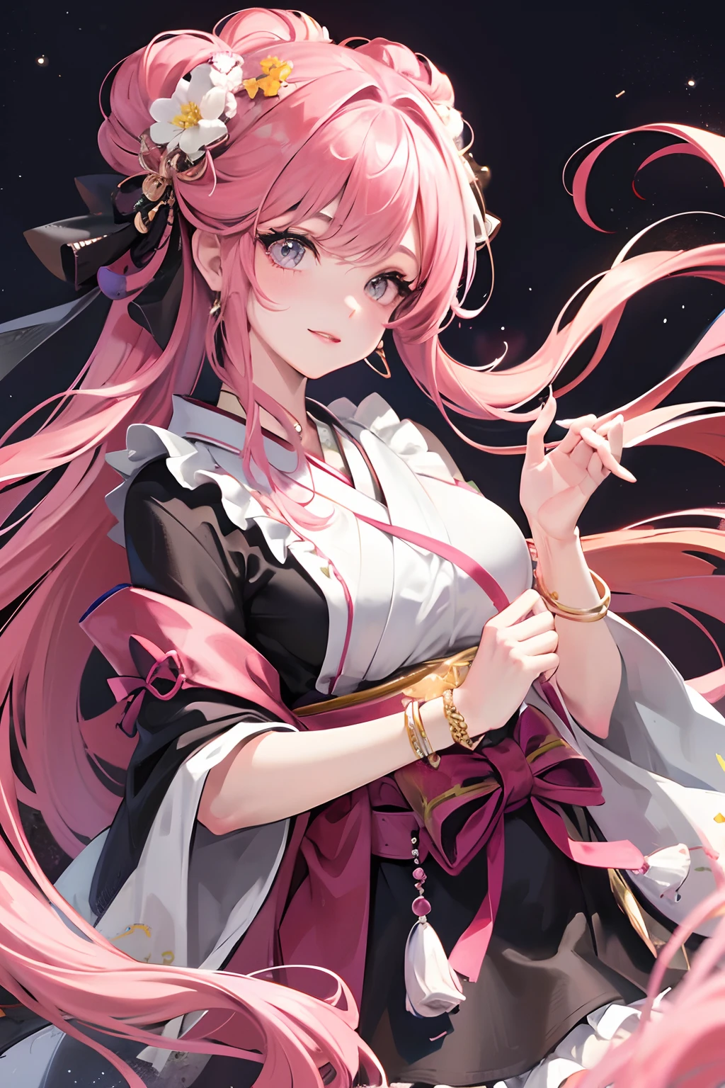 Masterpiece, Best quality, Night, stars, Cityscape, Real, Huge_filesize, the wallpaper, Colorful, Girl, Long hair, Pink hair, Drill hair, hair tying, Beautiful detailed eyes, view the viewer, Seductive smile, Japanese_clothes, Obi, frilled legwear, Hair_flower, hair pin, flower ribbon, Hair_bow, Earrings, jewelry, Bracelet,