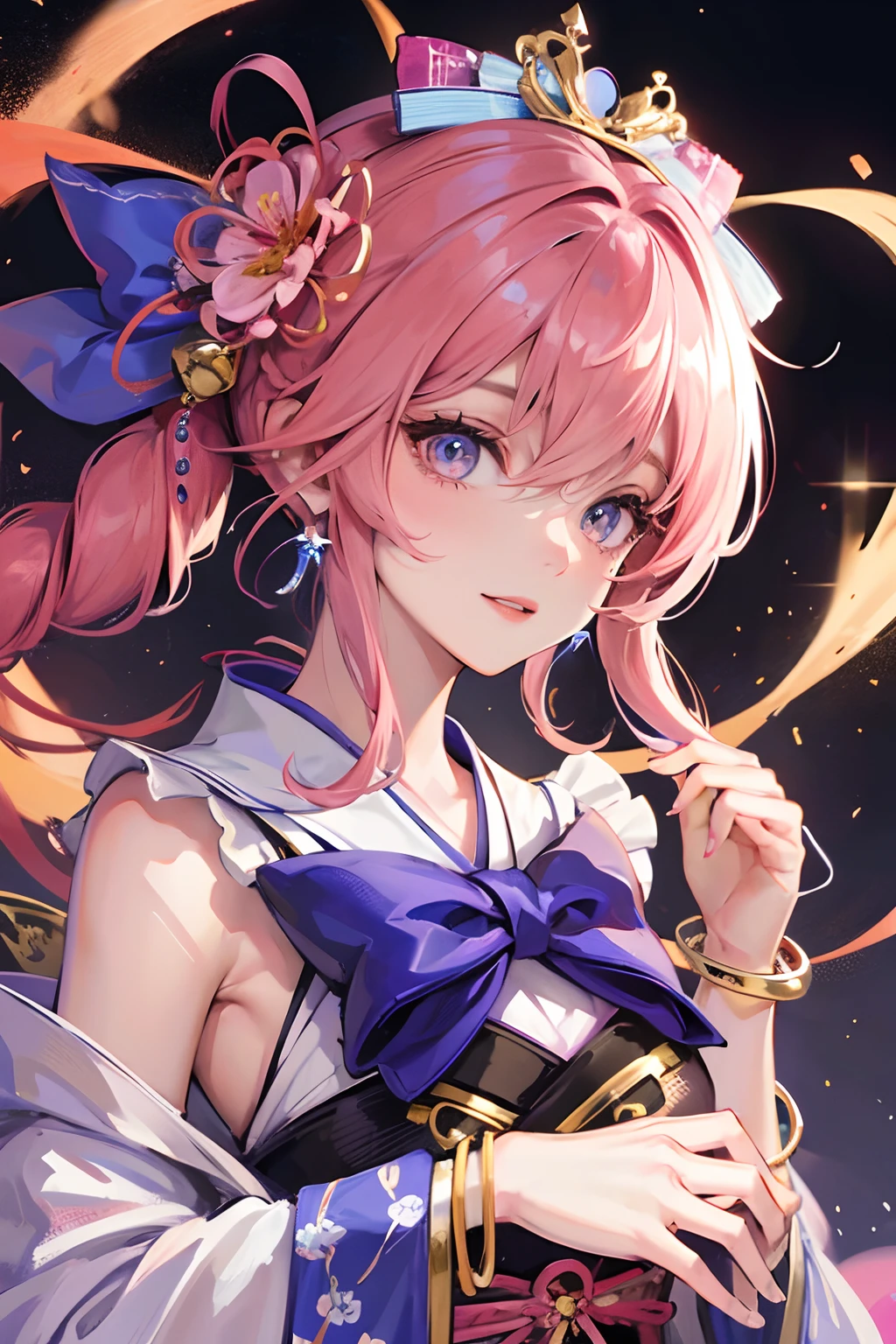 Masterpiece, Best quality, Night, stars, Cityscape, Real, Huge_filesize, the wallpaper, Colorful, Girl, Long hair, Pink hair, Drill hair, hair tying, Beautiful detailed eyes, view the viewer, Seductive smile, Japanese_clothes, Obi, frilled legwear, Hair_flower, hair pin, flower ribbon, Hair_bow, Earrings, jewelry, Bracelet,
