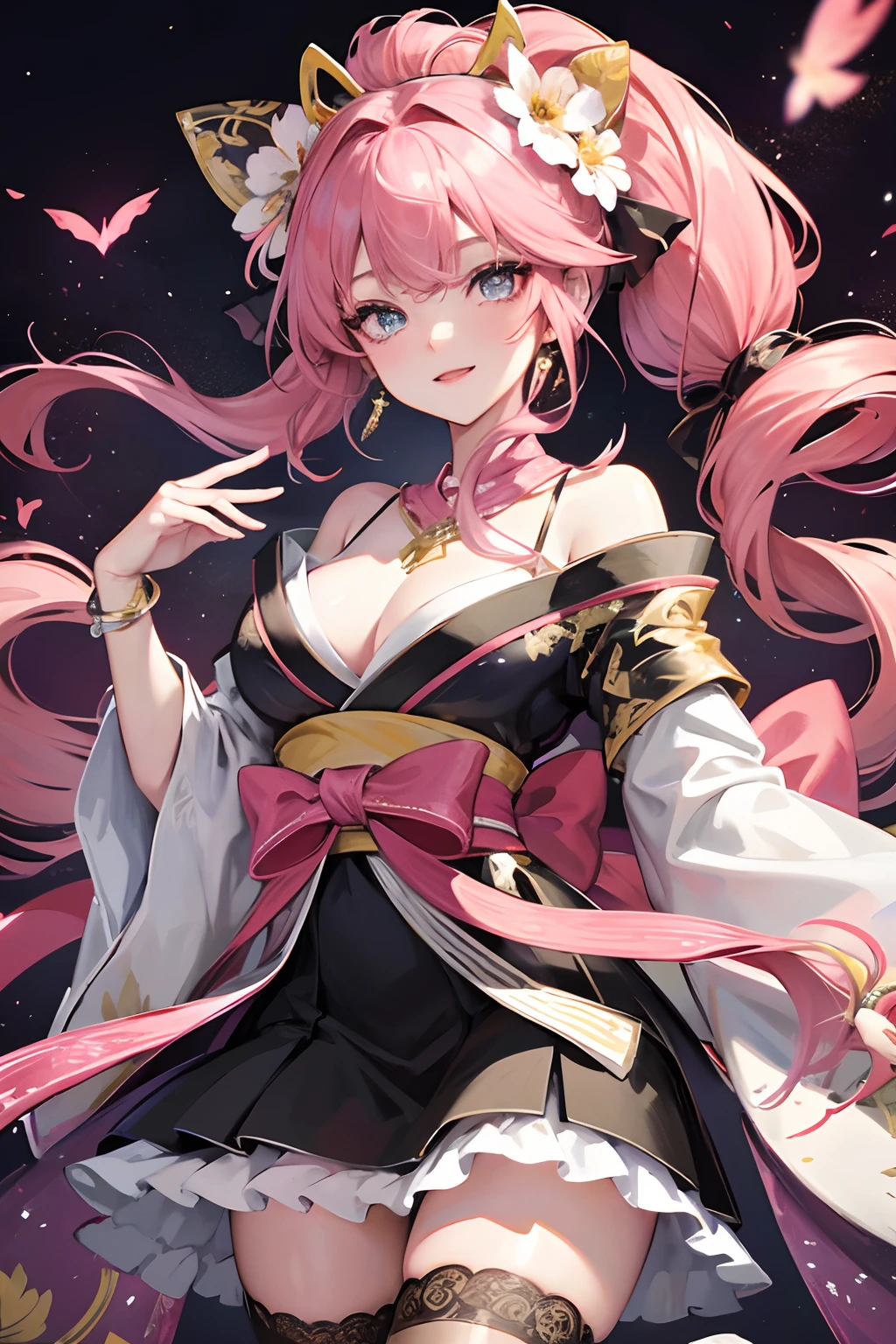 Masterpiece, Best quality, Night, stars, Cityscape, Real, Huge_filesize, the wallpaper, Colorful, Girl, Long hair, Pink hair, Drill hair, hair tying, Beautiful detailed eyes, view the viewer, Seductive smile, Japanese_clothes, Obi, frilled legwear, Hair_flower, hair pin, flower ribbon, Hair_bow, Earrings, jewelry, Bracelet,