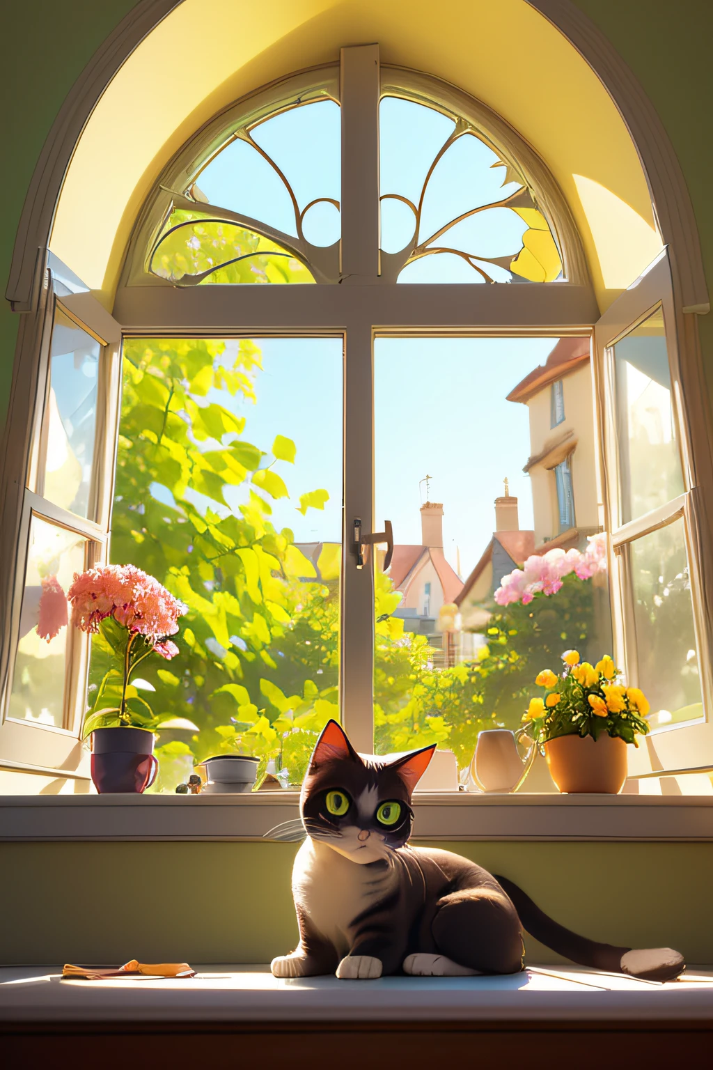 eine Katze,(The view is right in front of the window,The windows are open,Symmetrical full window,The cat walks around on the windowsill of the room),(French windows,The windows are crawling with vines and flowers),Close-up of windows,Outside the window is the garden,Early morning sun,Soft lighting,White Desk