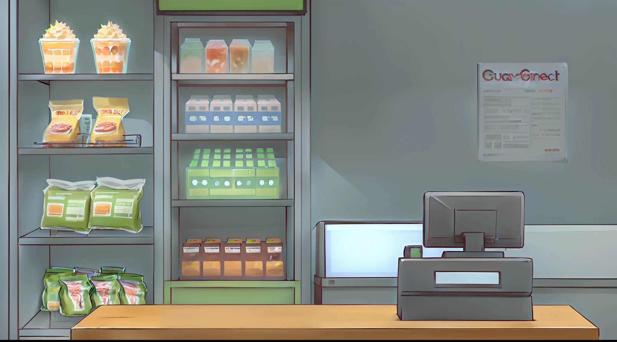 The grocery store has a cash register，There were plenty of drinks in the freezer, convenience store, At the counter, videogame background, interior background art, cozy cafe background