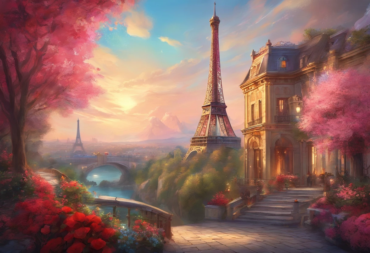 Skeleton withlight blue clothes and white lacy bow tie, golden wig , france flag , beautiful guitar in hand, some wine on table,paris streets with eiffel tower night , bunch of red-pink flowers , Hyper-detailed, HDR, VFX, 3d colors , 16k resolution, RTX