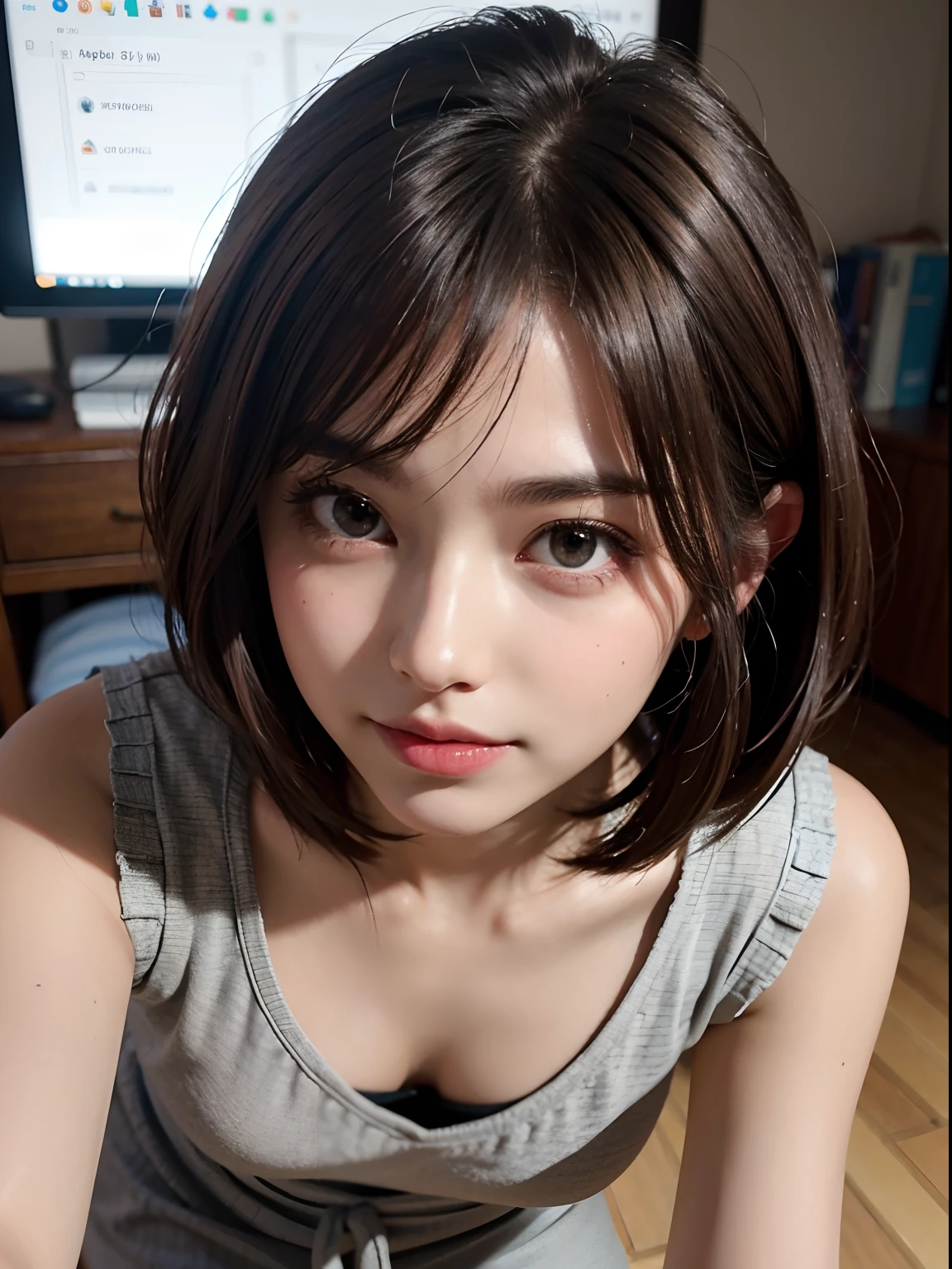 ((Girls at idle level)), masterpiece, The highest image quality, ultra-detailliert, (perfectbody:1.3), (Perfect face+eye glass+dishevled hair+Brown hair with ash grey bob hair), Close up of, Viewer's Perspective, She bent down and lowered her body to meet the gaze of the audience。Detailed hair,ssmile、Detailed eyes(Lifelike eyes),profetional lighting,