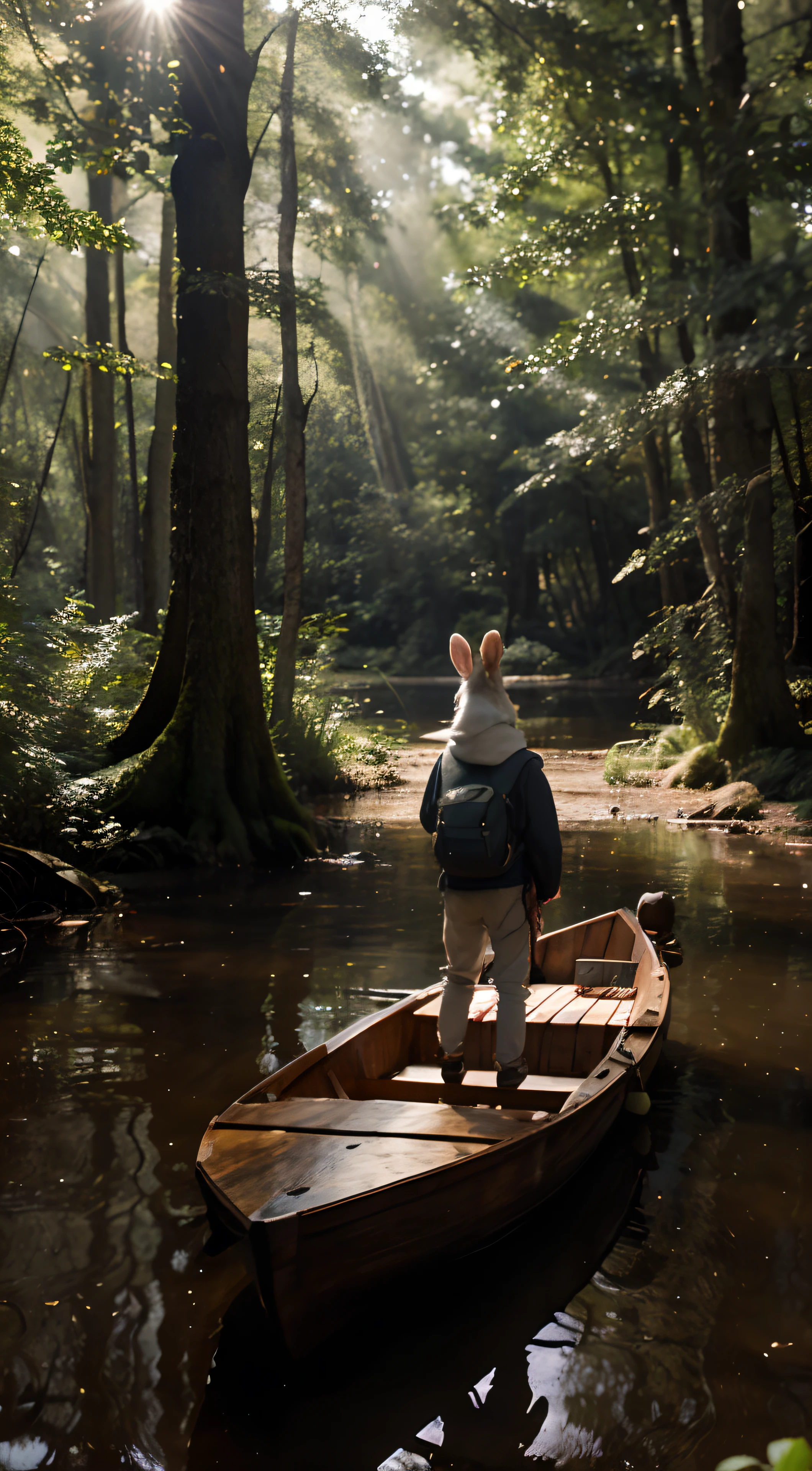 A white stuffed rabbit adventurer stands on a small wooden boat,Carrying a large backpack,Q version,Disney,Look deep into the forest,in a swamp,Tall trees,ln the forest,Sunlight shines through the forest