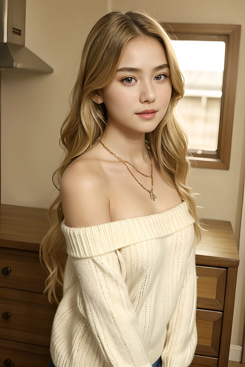 1girl , 独奏, Long hair, pectorals, looking a viewer, blonde hair, bare shoulders, Brown eyes, Jewelry, full - body, necklace, off-shoulder, sweater, lips, Realistic, nose, flirting with camera