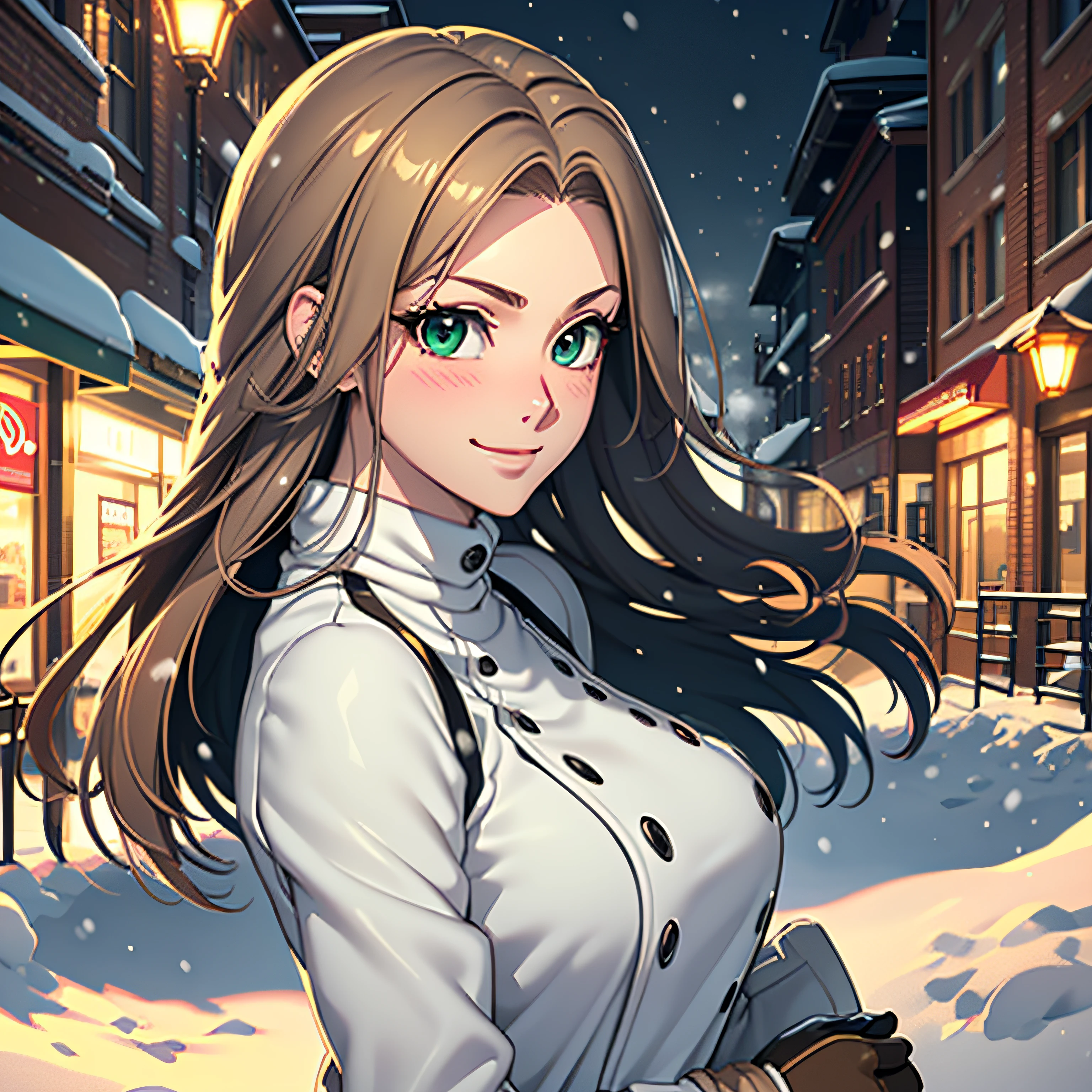 ((masterpiece, best quality, high resolution, UHD, perfect pixel, depth of field, 4k, RTX, HDR, extremely detailed)), 1girl, single, solo, 24 years old, beautiful anime girl, beautiful art style, anime character, sly smile, beautiful smile, ((long hair, brown hair)), (green eyes:1.4, rounded eyes, beautiful eyelashes, realistic eyes, extremely detailed pupil), (detailed face, blushing:1.2), (smooth texture:0.75, realistic texture:0.65, photorealistic:1.2, cinematic, anime CG style), medium breasts, upper body, perfect body, busty, (dynamic angle, POV, close up), ((winter clothes, long coats, mittens, gloves, long underwear)), night, city lights, bokeh:1.4, (outdoor, city buildings, crowd), ((winter, snowfall:1.8, heavy snow, wind, wind blows)), (graceful, prestigious, glorious, elegant, aesthetic)