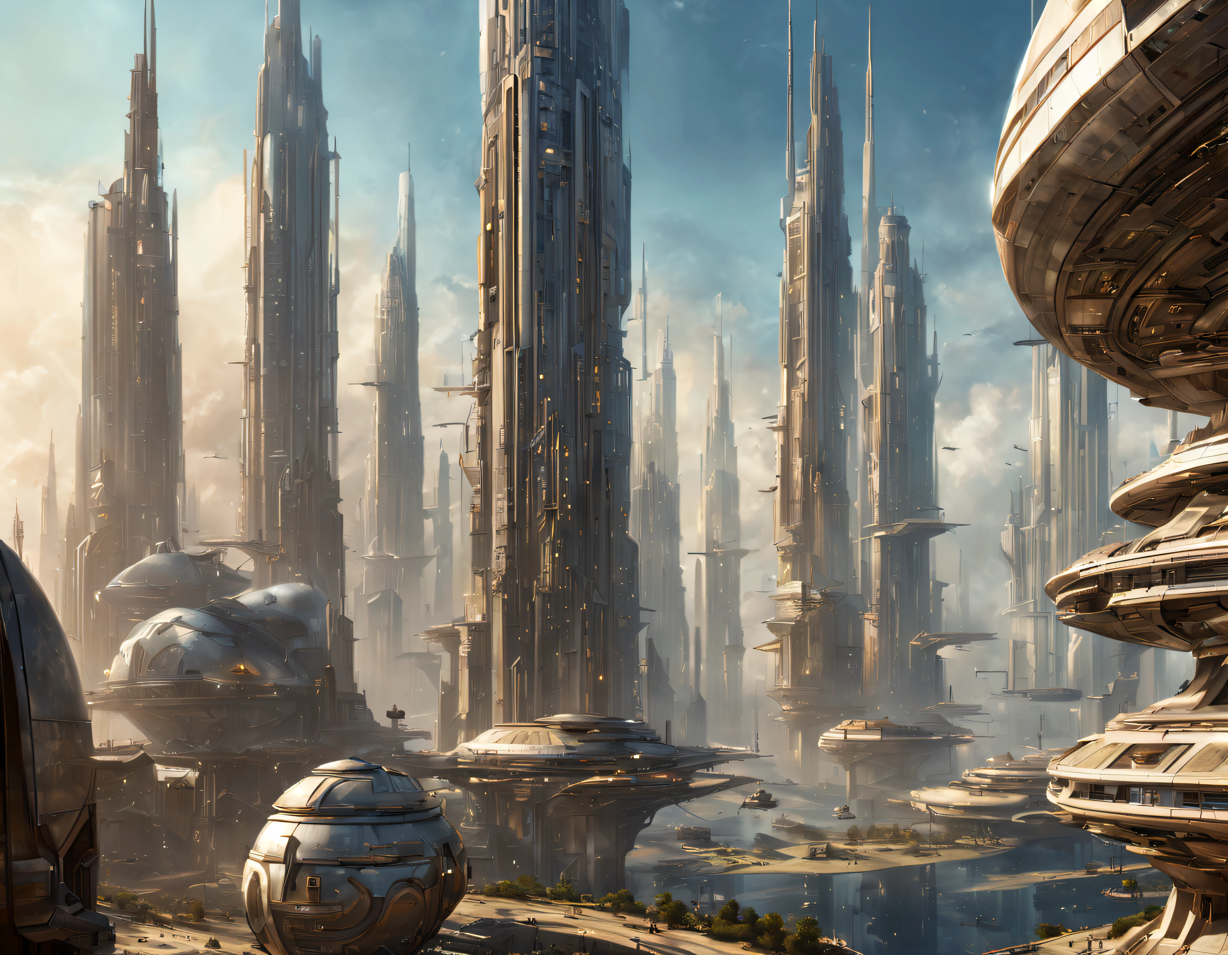 On an unknown planet lies a futuristic fantasy city with immense buildings of technological design (que forman una avenida infinita), con estructuras acristaladas en plata, oro y bronce espectaculares, (con colores vivos). pavimento ensolado (sin brillo). gente paseando. (similar a coruscant de star wars). imagen bien definida con muchos edificios juntos. imagen nitida bien definida 8k. los edificios llegan alta el fondo.,8k.