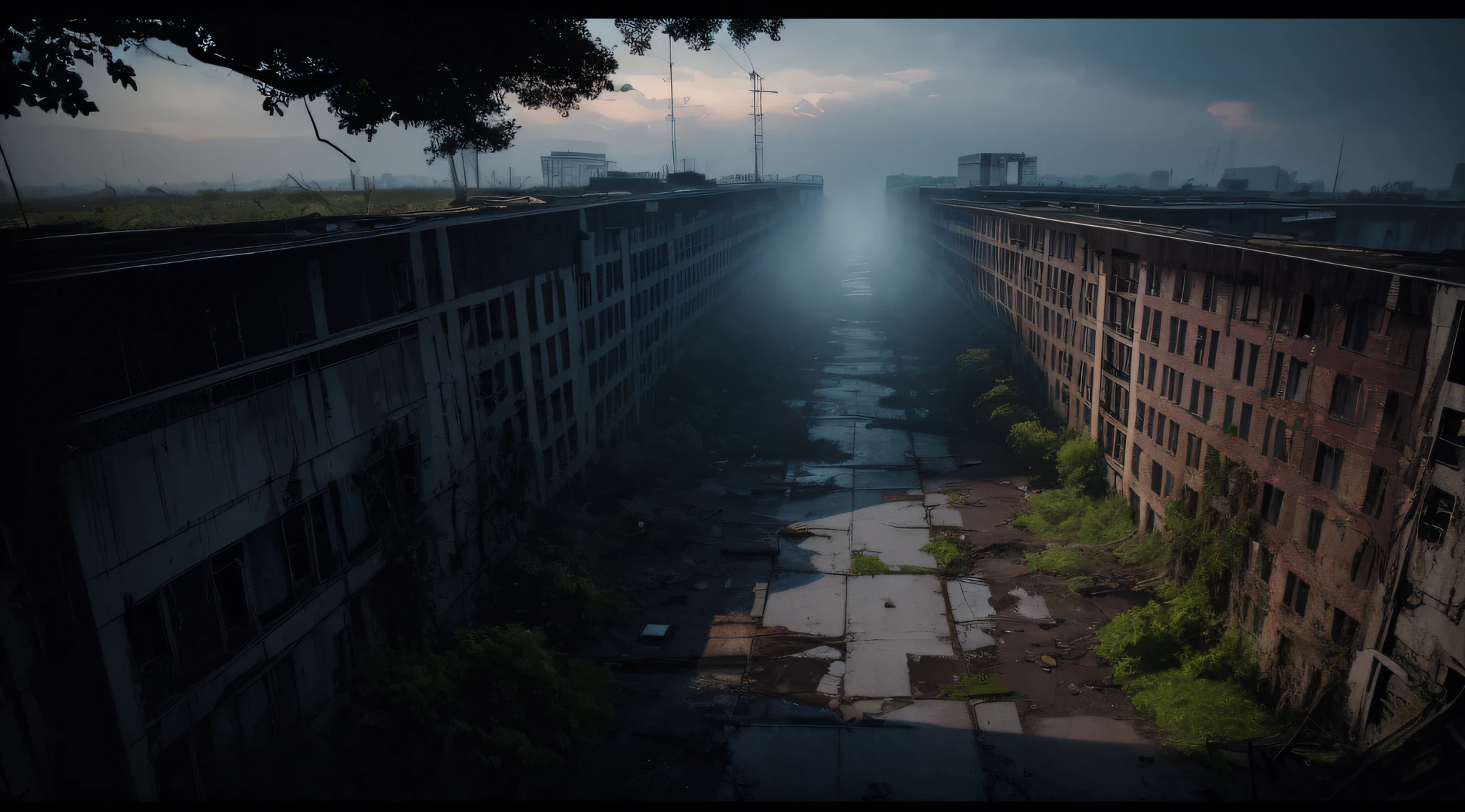 High Quality, Best Picture Quality, Best Quality, High Quality, 8K, 16K, 32K, (Outside an Abandoned Hospital), Night, Dimm, Fear, crumbling brick wall, old hospital, weeds, vines, broken glass windows , broken glass, fog, trees, ((high angle)), Full shot, Ruined ruins all around, perspective, (((Hospital focus))), from above, (((Ultra HD Wallpaper))), (((outdoor)))