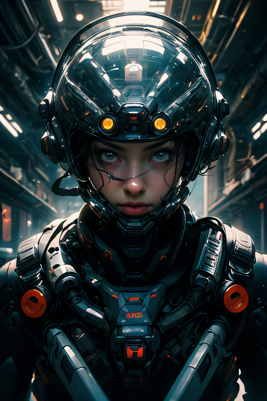 A stranded female Cyborg Soldier in an abandoned Battle Starship Shipwreck, dystopian futuristic scene, realistic style in Don Lawrence brush stroke, oil on canvas, octane render with dramatic lighting and strong shadows, her clothing is tattered and worn out, she has a scar or battle wound, she is wearing a futuristic helmet or visor, she has mechanical enhancements like cybernetic eyes, the shipwreck environment feels eerie and desolate, there is some broken machinery or equipment around her, and her expression is determined and battle-worn