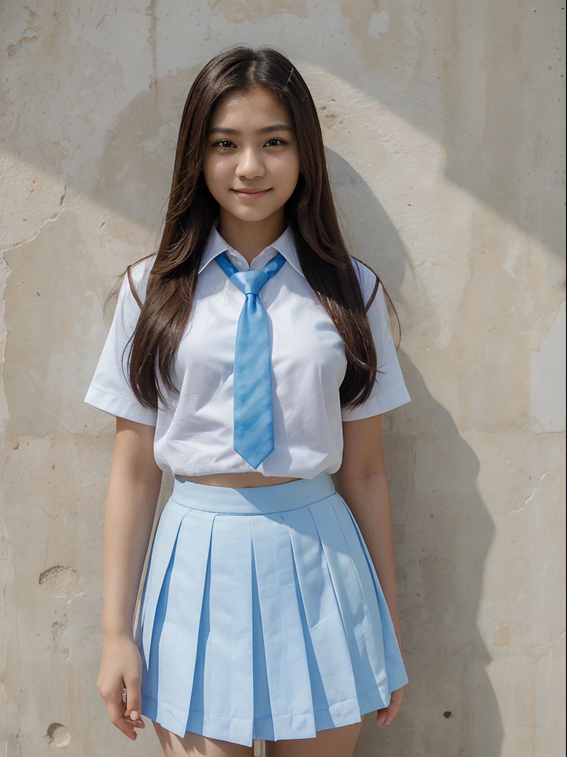 Masterpiece, hd, realistic, 1girl, 18 y.o, filipino girl, Philippines, wear school uniform, white uniform, light blue skirt, pleated skirt, light smile, long hair, upper body, standing, light blue tie