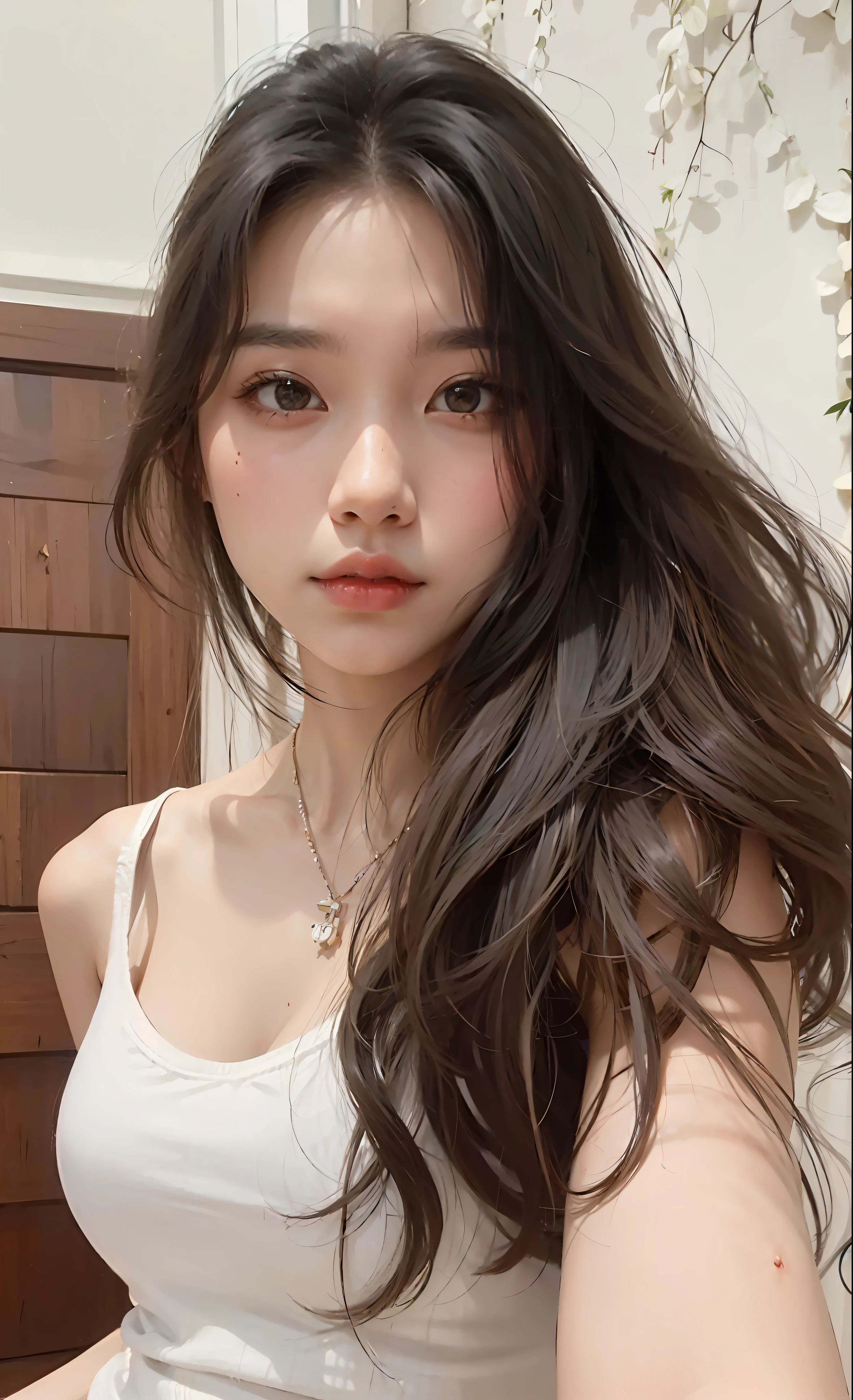 um close up de uma mulher com cabelos longos usando um top branco, Beautiful Asian girl, young cute wan asian face, asian features, south east asian with round face, Asian girl, a young asian woman, an Asian woman, young asian girl, Beautiful Asian woman, Asian girl with long hair, menina coreana, Menina chinesa, linda mulher coreana jovem, Asian face