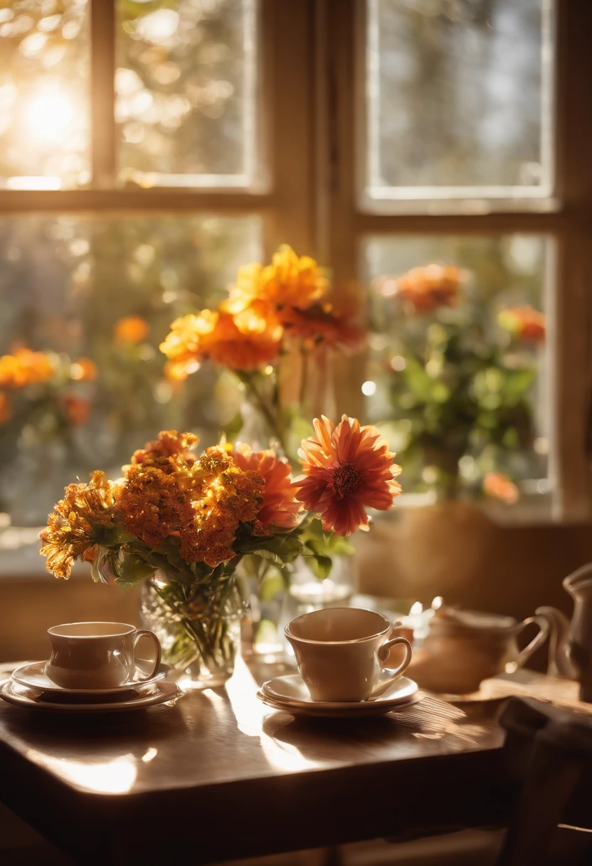 there are two cups and a vase of flowers on a table, soft autumn sunlight, soft morning light, afternoon sunlight, summer morning light, radiant morning light, beautiful morning, soft morning lighting, beautiful composition, in the morning light, springtime morning, very beautiful photo, beautiful and aesthetic, calm afternoon, afternoon light, in the morning, cozy cafe background
