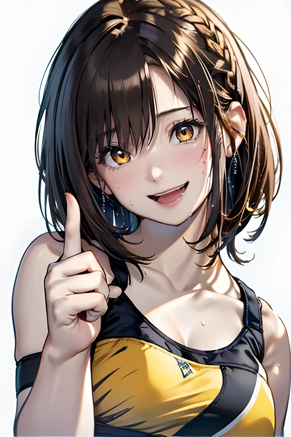 (((On his head is a ring of angels)))、(Best Quality, 8K, Oil Painting, masutepiece:1.2), Ultra-detailed, (Realistic, Photorealistic:1.37), (((FULL BODYSHOT)))、Vibrant colors, (((My face is sweaty)))、(((Yellow Sports Bra)))、(((English Print Sports Bra)))、(((20Women of a certain age)))、(((Yellow Sports Bra)))、(((The sports bra has letters printed on it)))、(((slightly smaller breasts)))、 (((Dark hair)))、(((Shoulder-length bob hair)))、((( White background))), (((delighted expression)))、(((A smile)))、(((Girly Hairstyles)))、(((bobhair)))、(((In front of a white wall)))、(((Nothing on the top of the head)))、(((I have my index finger up)))、(((Opens mouth and laughs)))