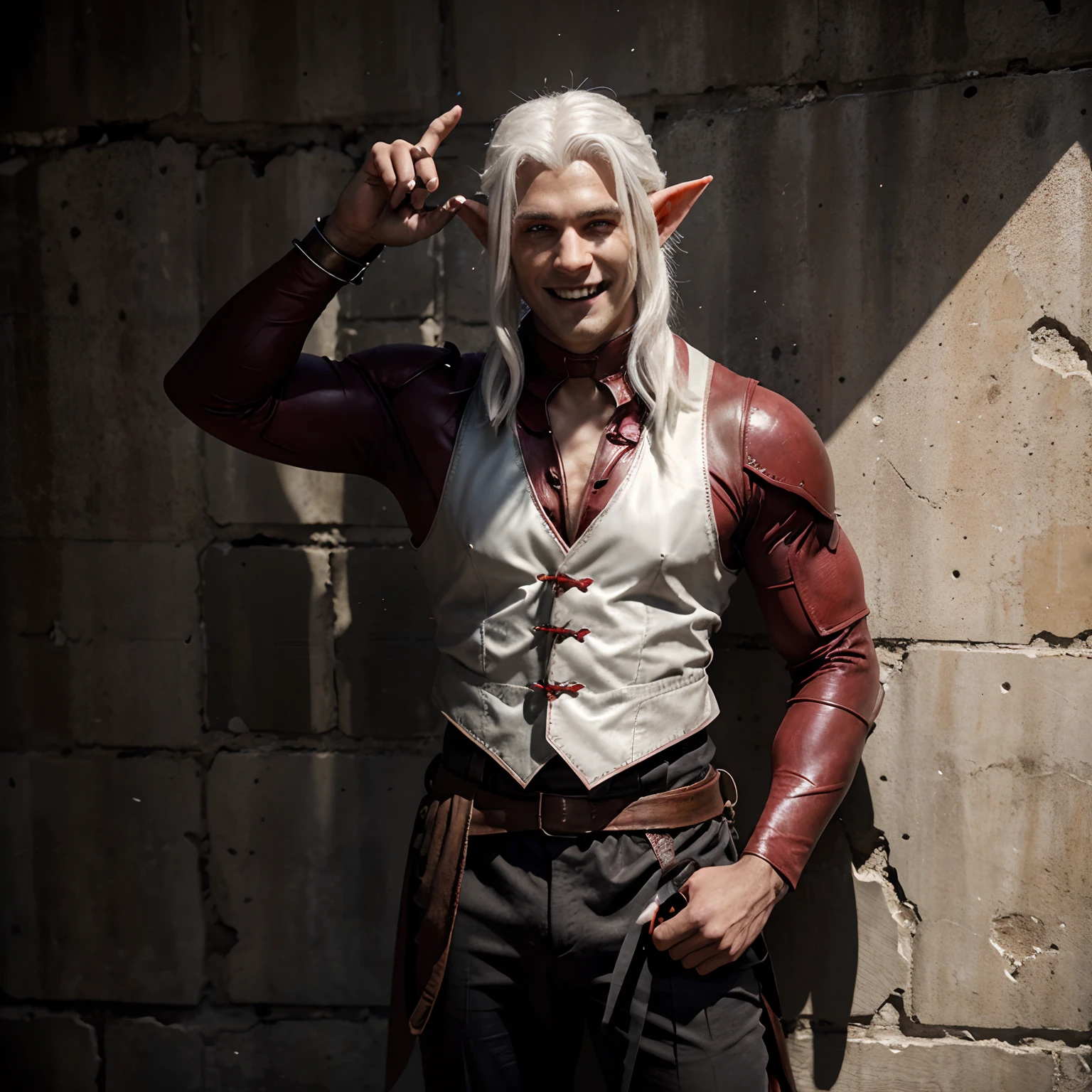 Handsome attractive male elf, white hair, glowing red eyes. Vampire hunter. Wearing a red armor vest. Deep jet black skin. Shackled to prison wall, smiling. Long grotesque finger claws. Full body. Hor