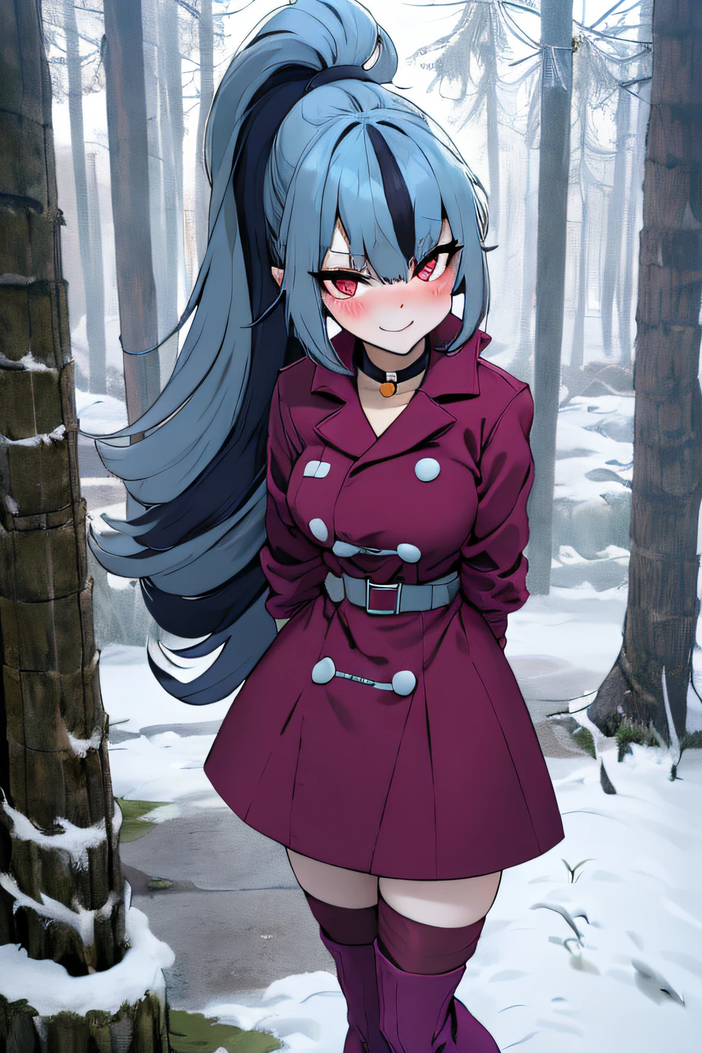 mlpsonata, glowing eyes, happy, (ice, belt, middle breast, blue hair, ponytail, winter, forest, snow, snowy, cloudy, very long trench coat, winter skirt, black pantyhose, thighhigh boots, forest, muffler, Winter Neck Polar Knit:1.4), Smile, blush, thin body, Thin leg, (Best Quality,4k,8K,high resolucion,Masterpiece:1.2),Ultra-detailed,realisitic:1.37,Vivid colors,studio lit, abundant hair, tilt head, disheveled hair, messy hair